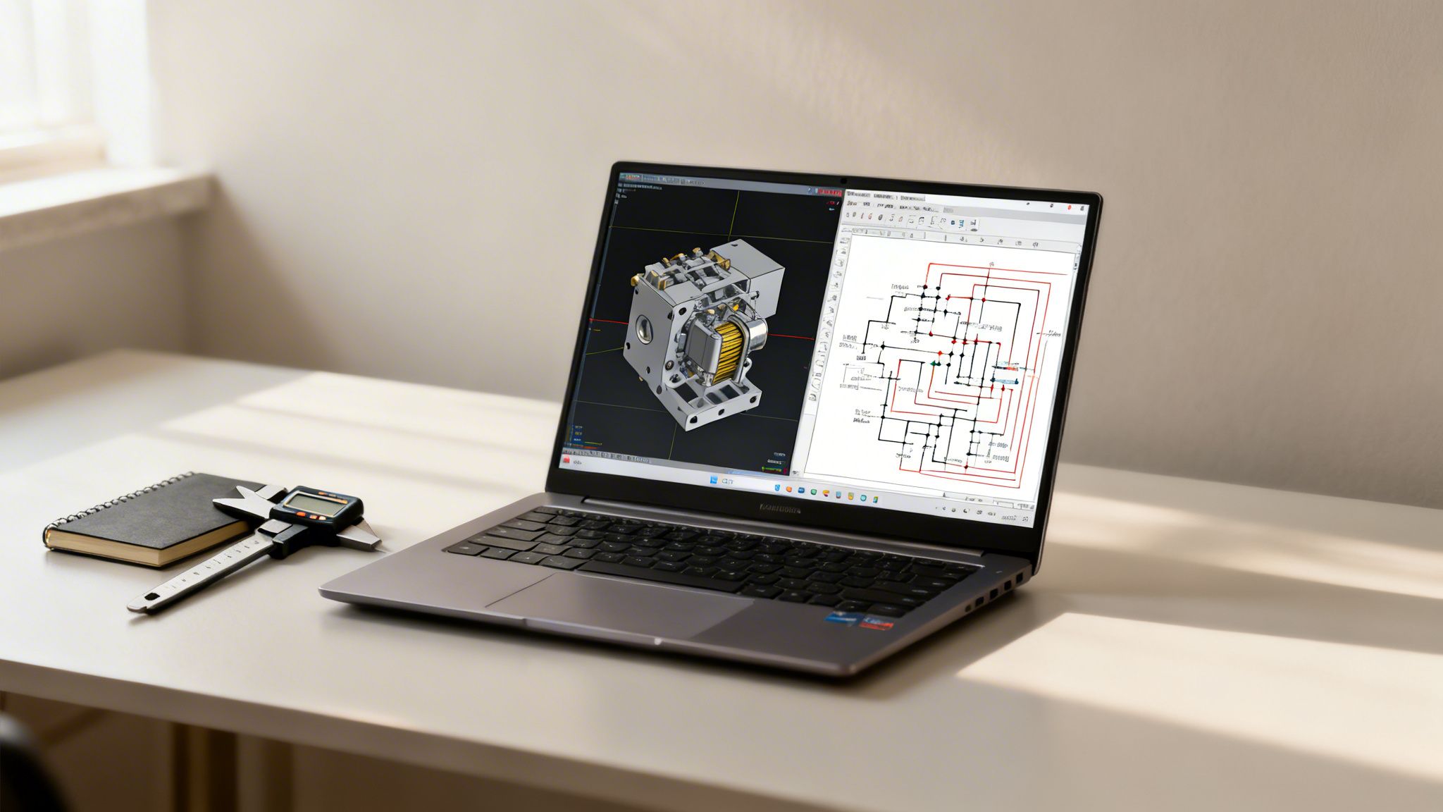 A laptop displays engineering CAD software and an electrical diagram on a desk with a caliper and notebook.