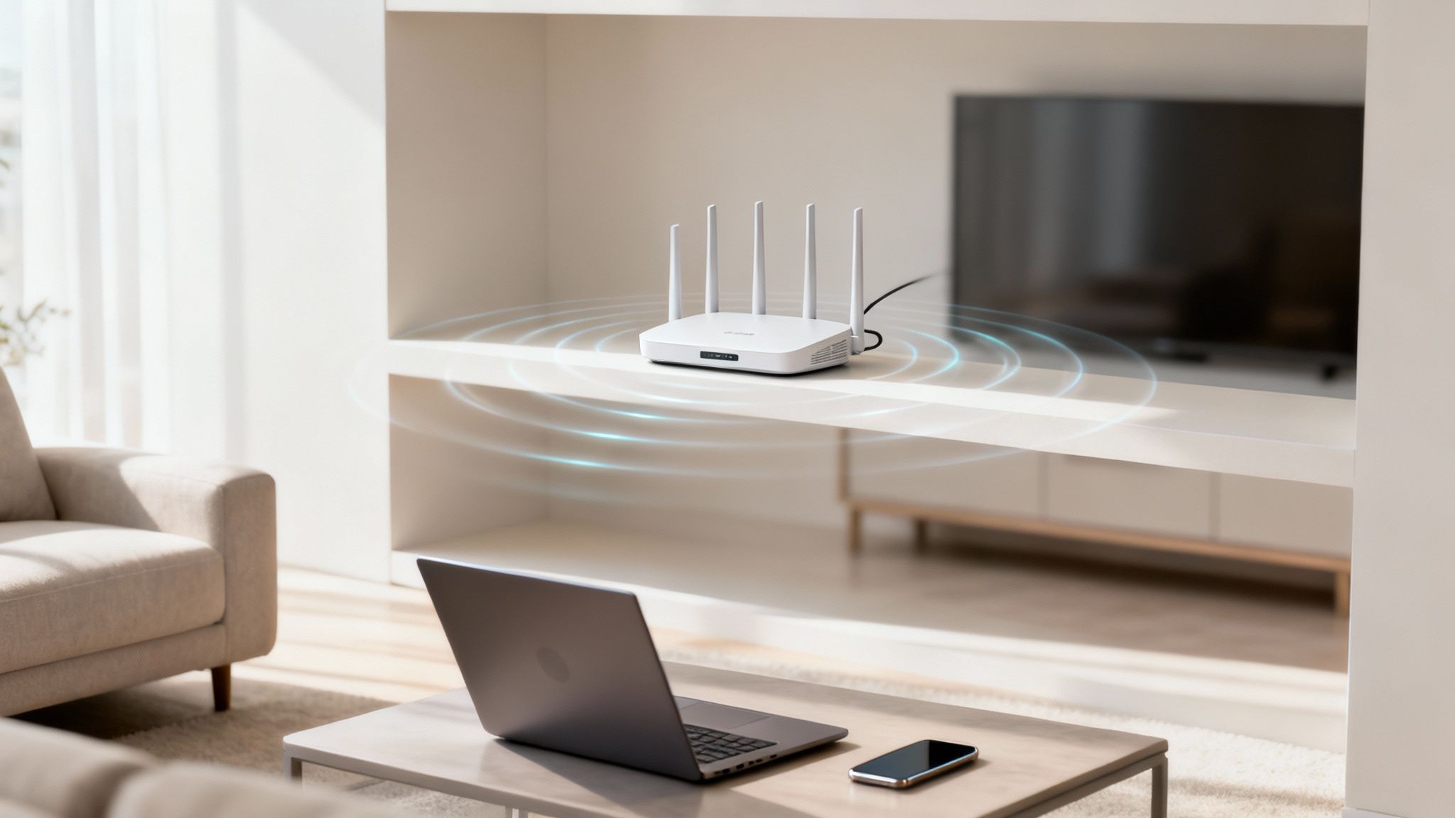 A white Wi-Fi router emitting signals in a modern living room with a laptop and phone.