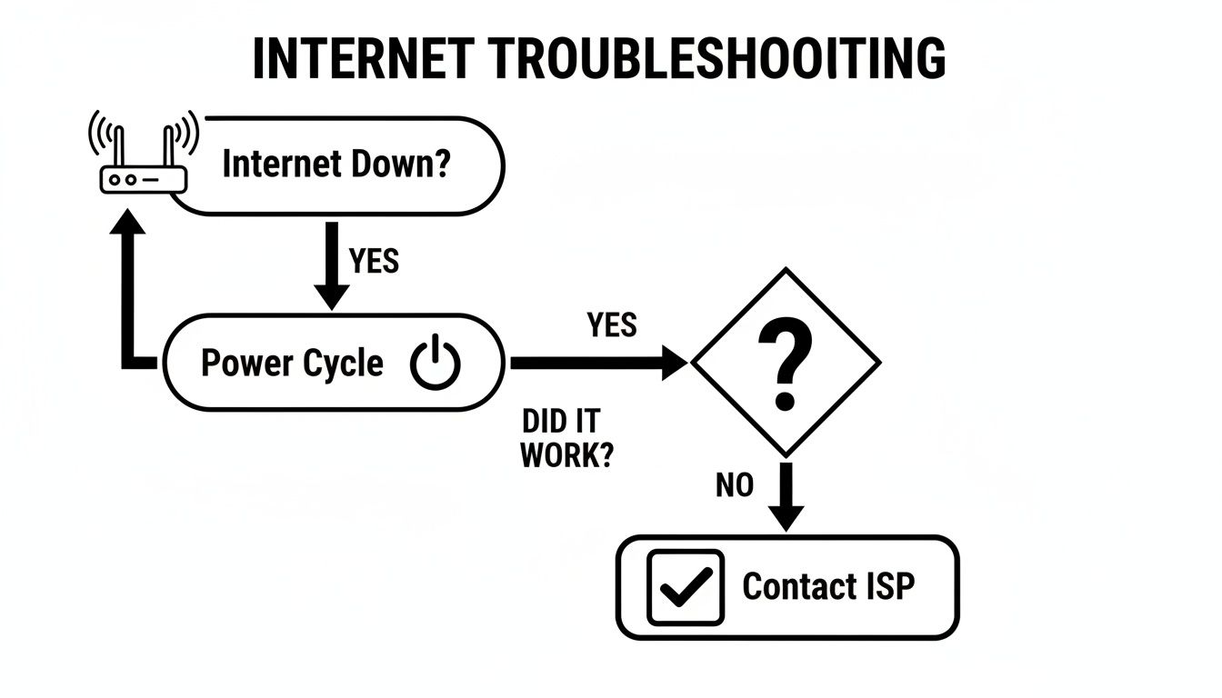 A simple flowchart guiding users through internet troubleshooting steps like power cycling a router.