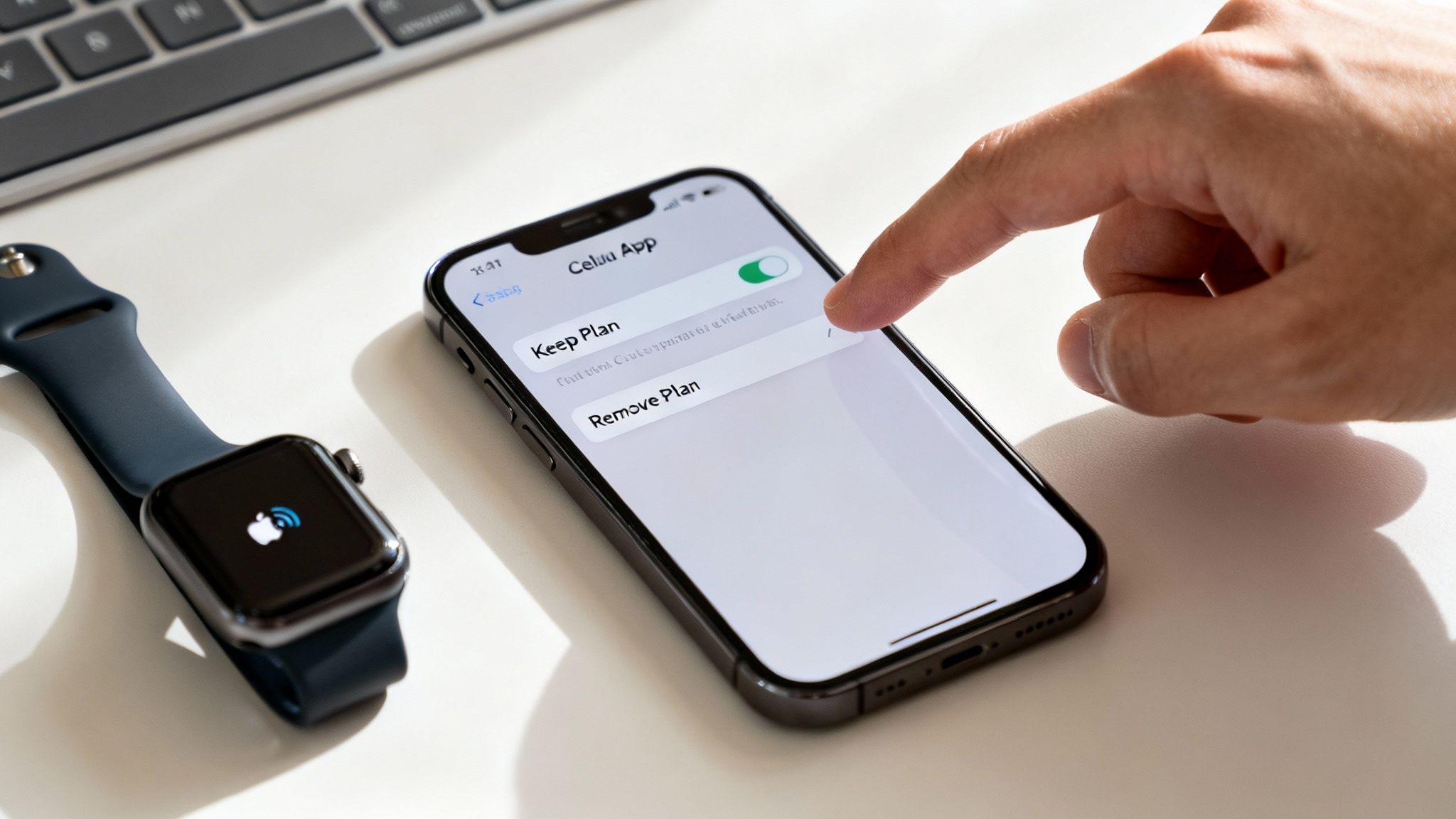 A person's hand taps an iPhone screen showing app settings with 'Keep Plan' and 'Remove Plan' options, next to an Apple Watch.
