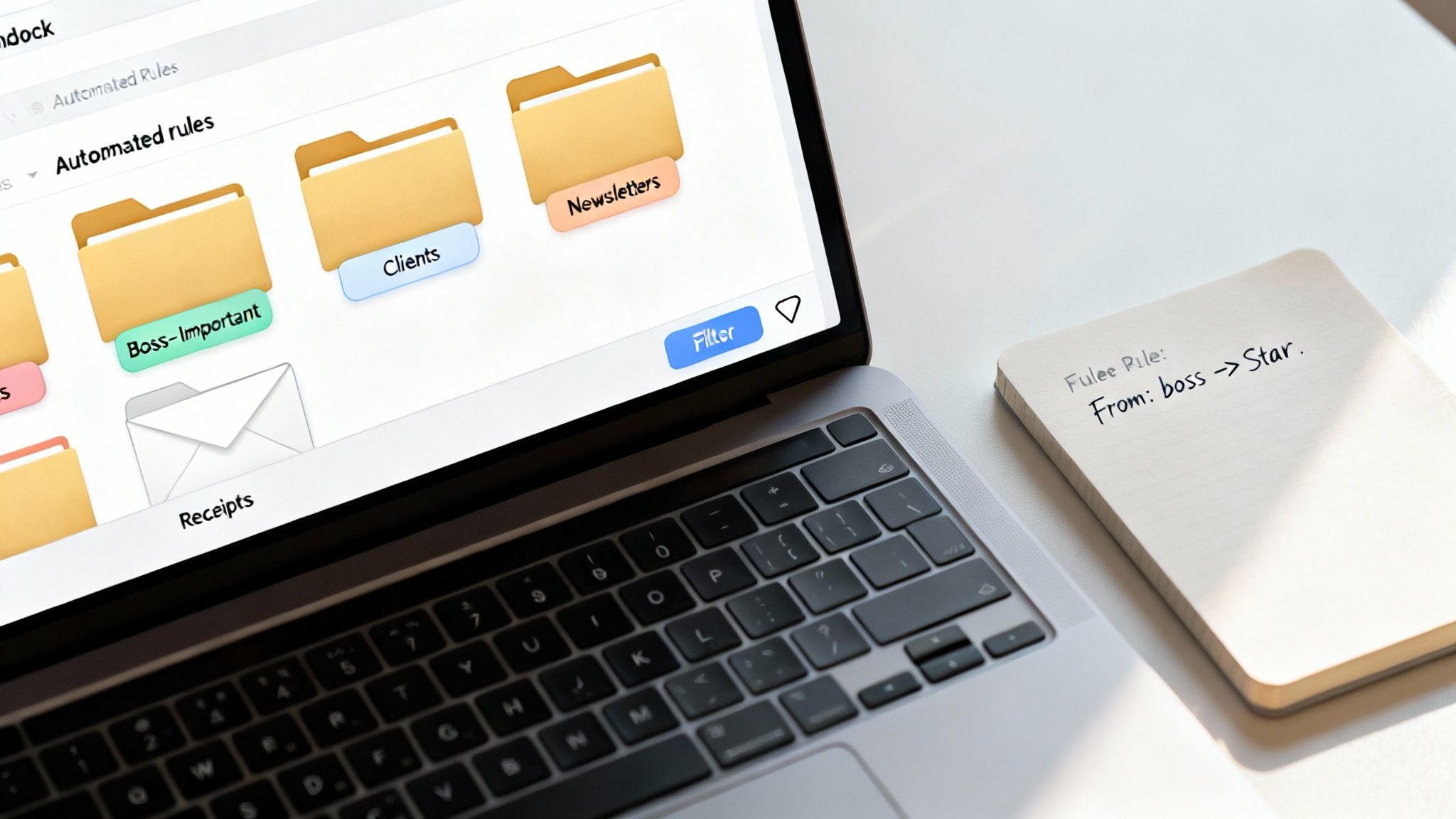 Laptop screen showing automated email rules for folders like Boss-Important and Clients, next to a notepad with an email sorting rule.