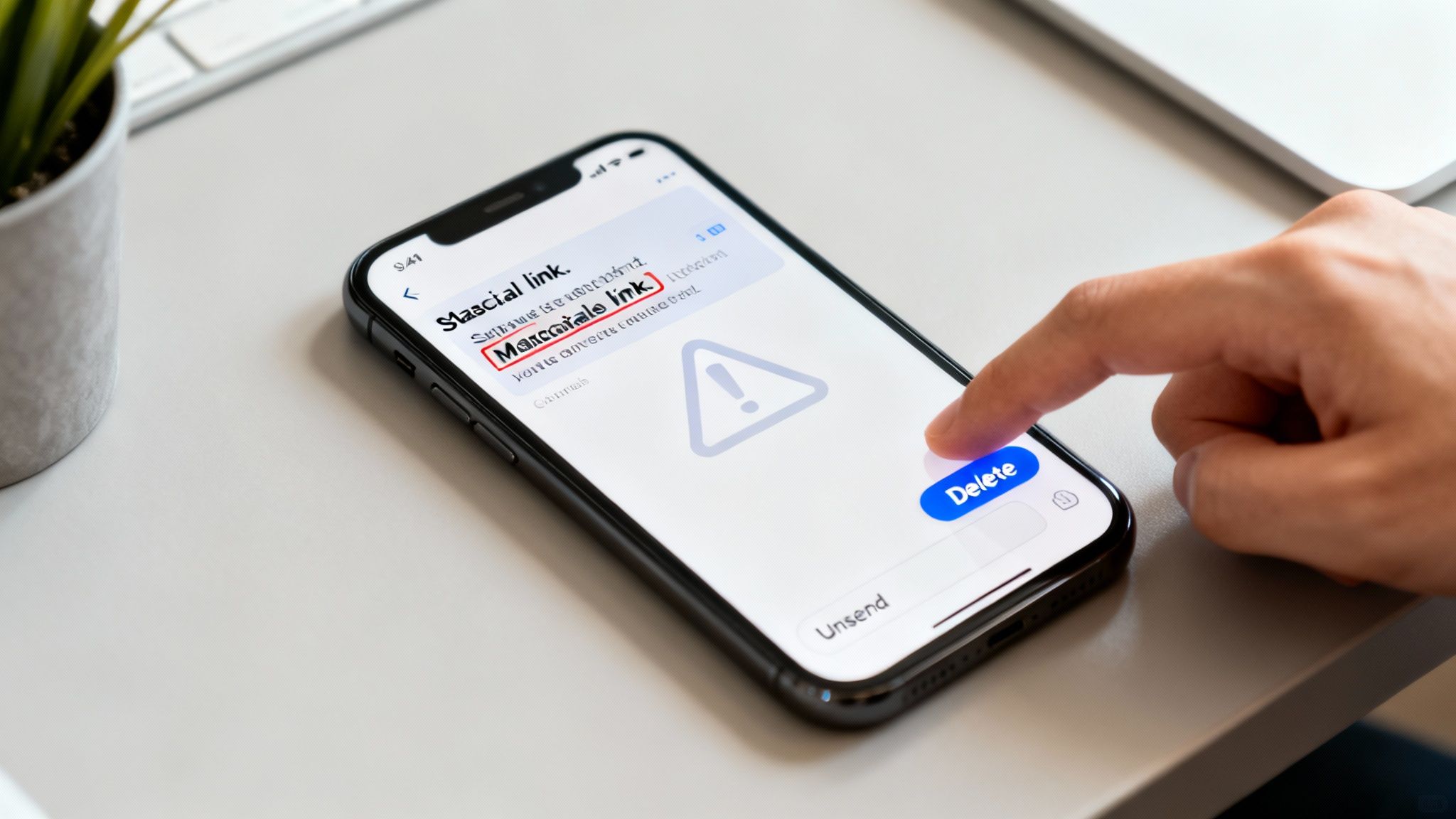 A person's finger taps the "Delete" button on a smartphone screen displaying a warning and text.