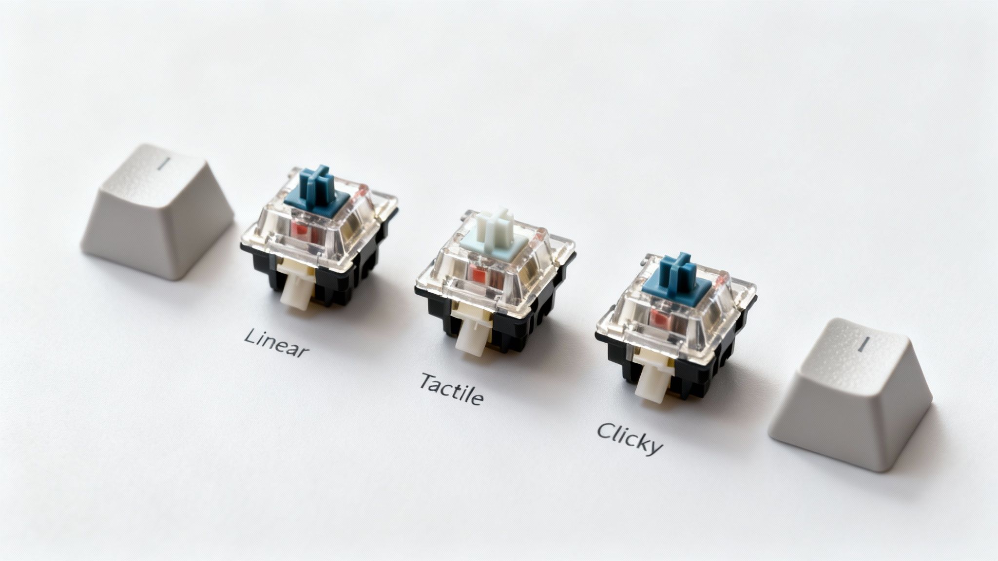 Three mechanical keyboard switches, Linear, Tactile, and Clicky, with keycaps on a white surface.