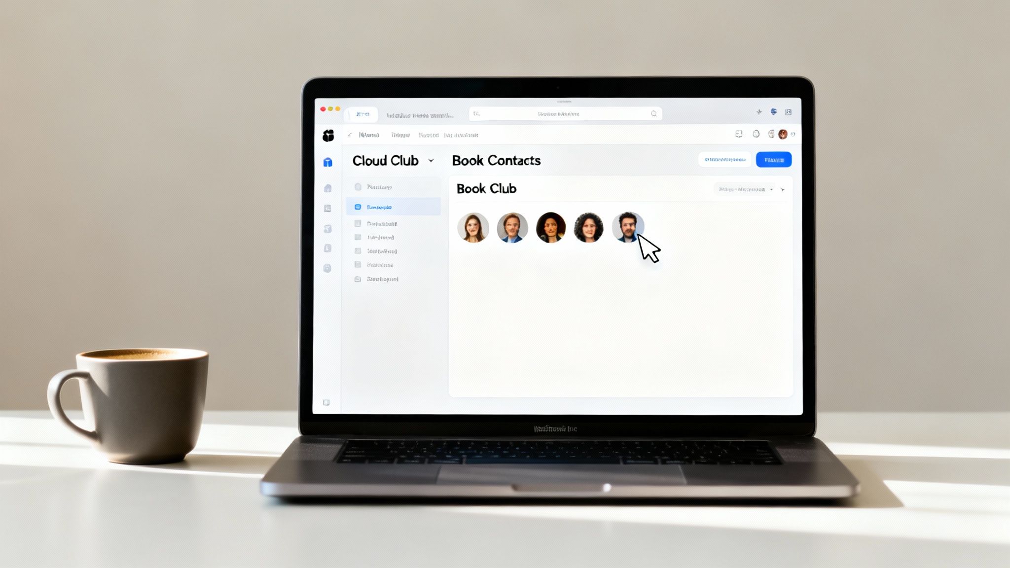 Laptop displaying a cloud contact management application with a book club and user profiles.