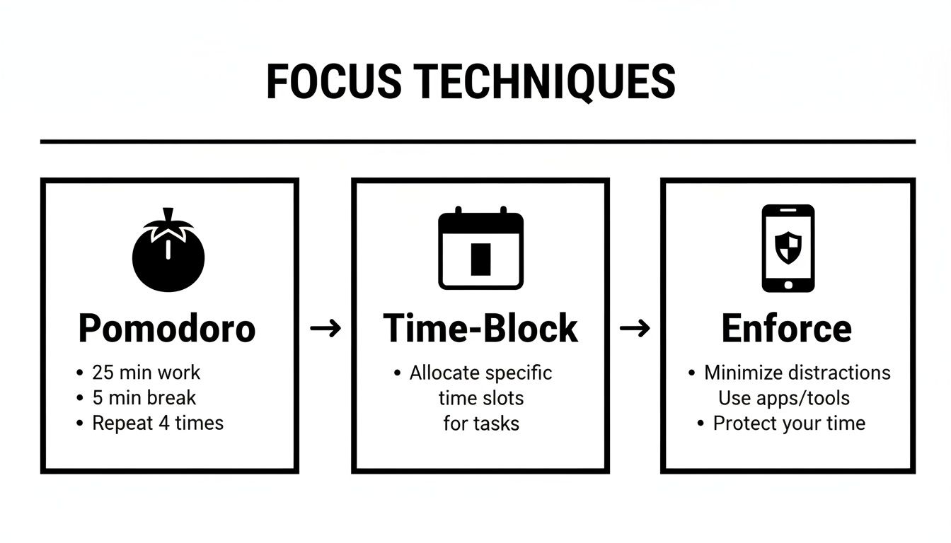 An infographic detailing three focus techniques: Pomodoro, Time-Block, and Enforce, with practical tips.