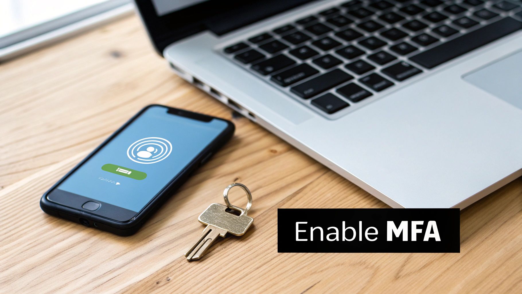 A smartphone showing a security icon, a laptop, a key, and 'Enable MFA' text, signifying digital security.