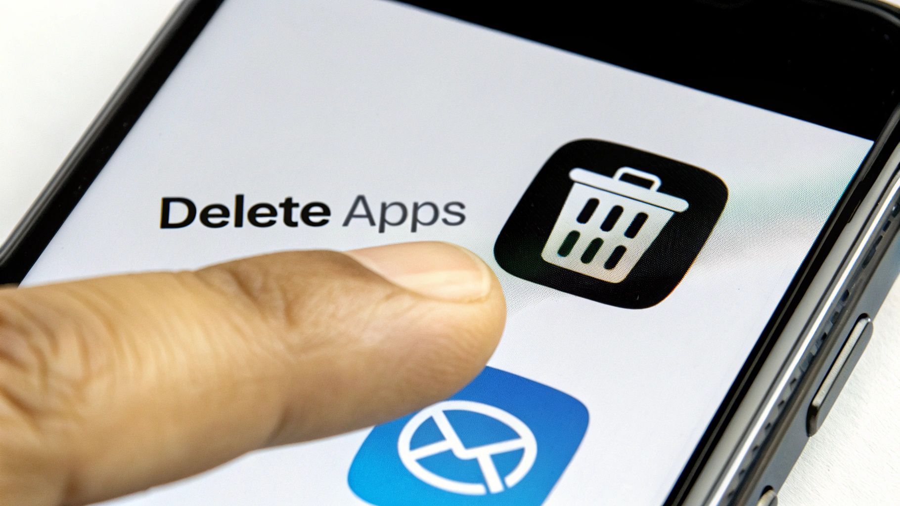 A finger on a smartphone screen, pointing at the 'Delete Apps' option with a trash icon.