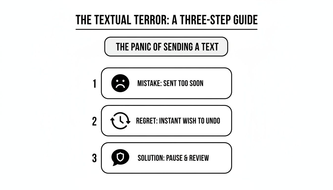 Infographic outlining three steps to manage the panic of sending text messages, including solution to pause and review.