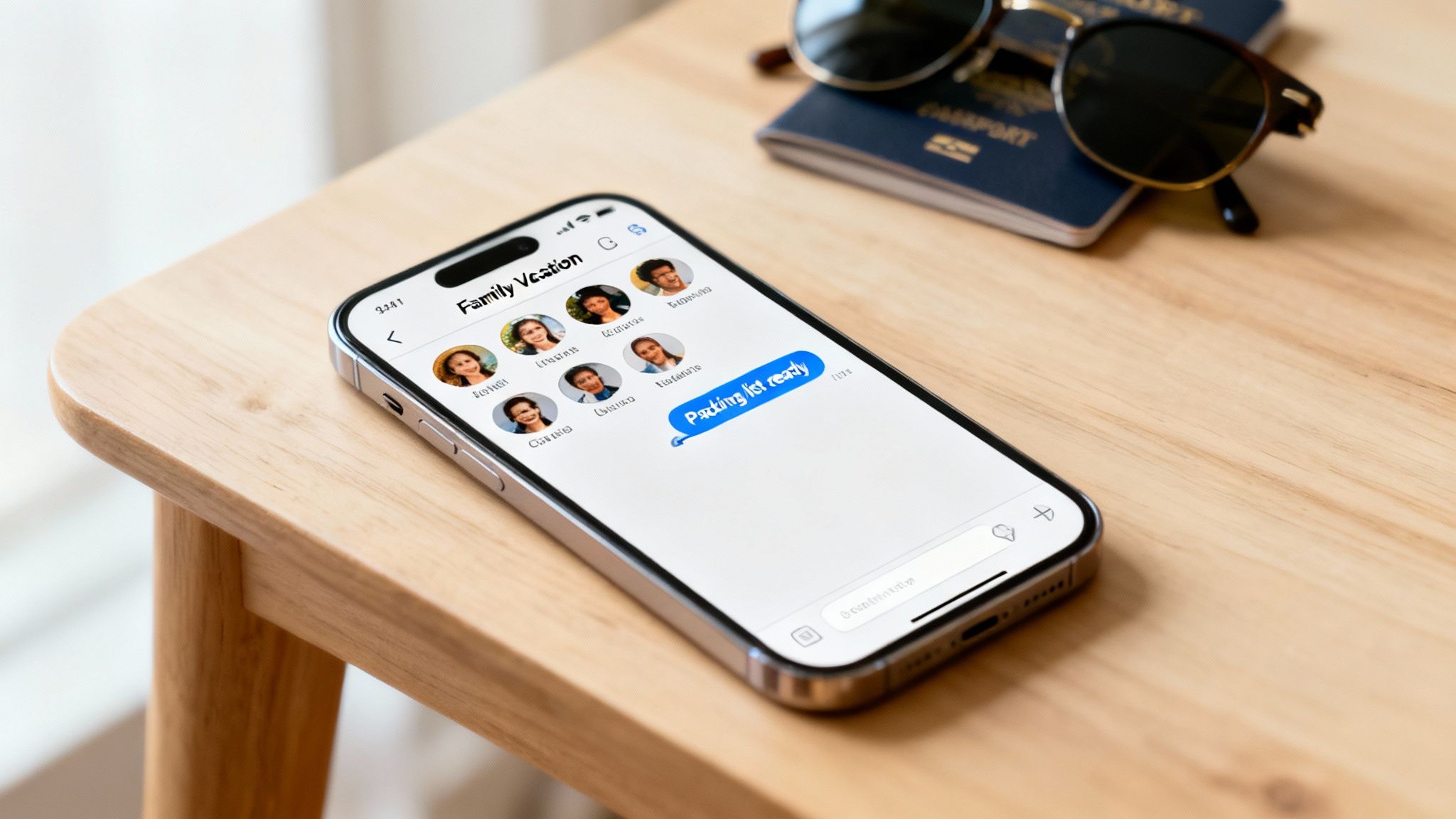 An iPhone shows a 'Family Vacation' group chat with a 'Packing list ready' message, next to passports and sunglasses.