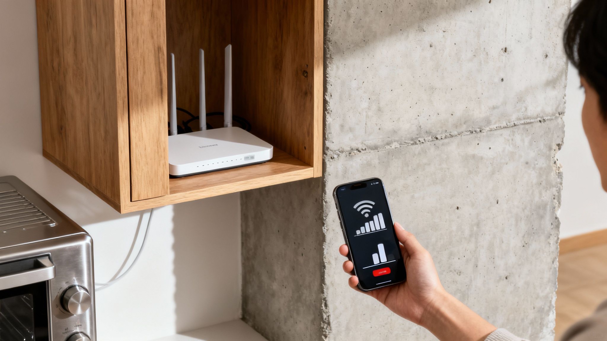 Person holds smartphone displaying Wi-Fi signal strength, optimizing connection next to a router on a shelf.