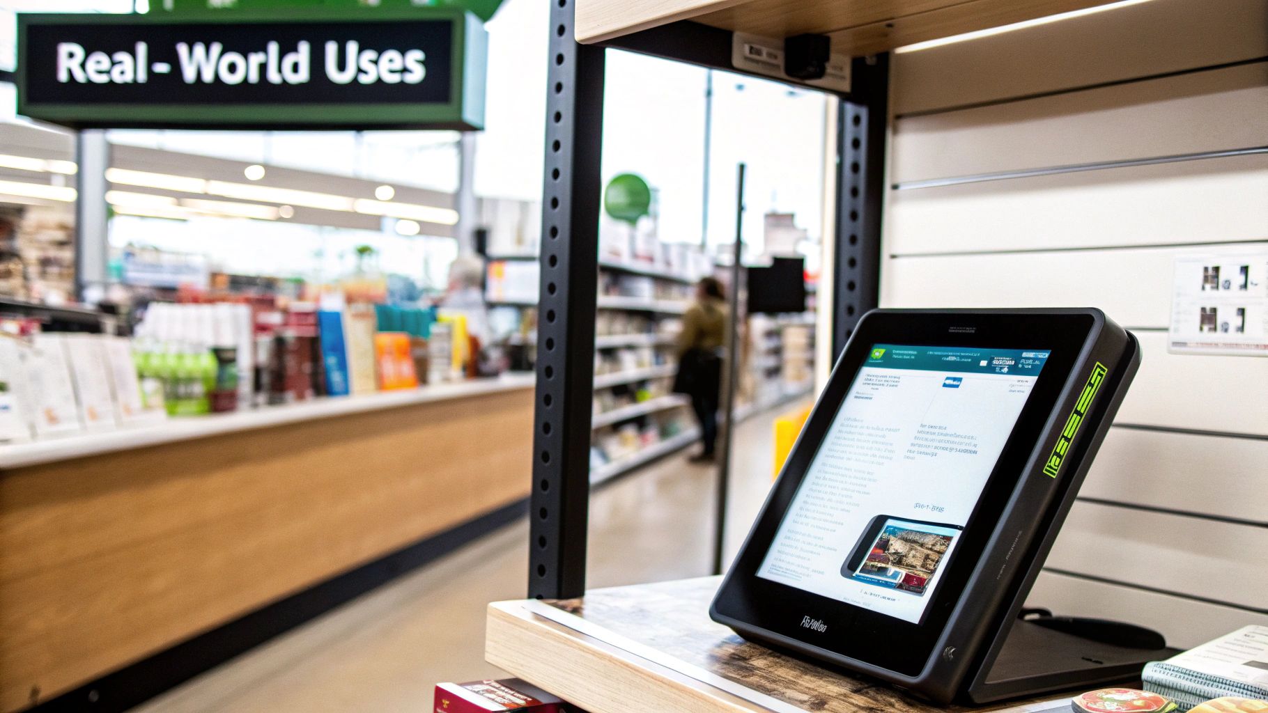 A black digital display shows information and images on a wooden shelf in a store, with a "Real-World Uses" sign in the background.