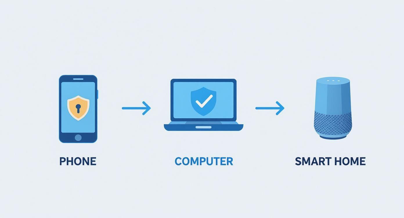 A diagram illustrating the flow of security from a locked phone, through a protected computer, to a smart home device.