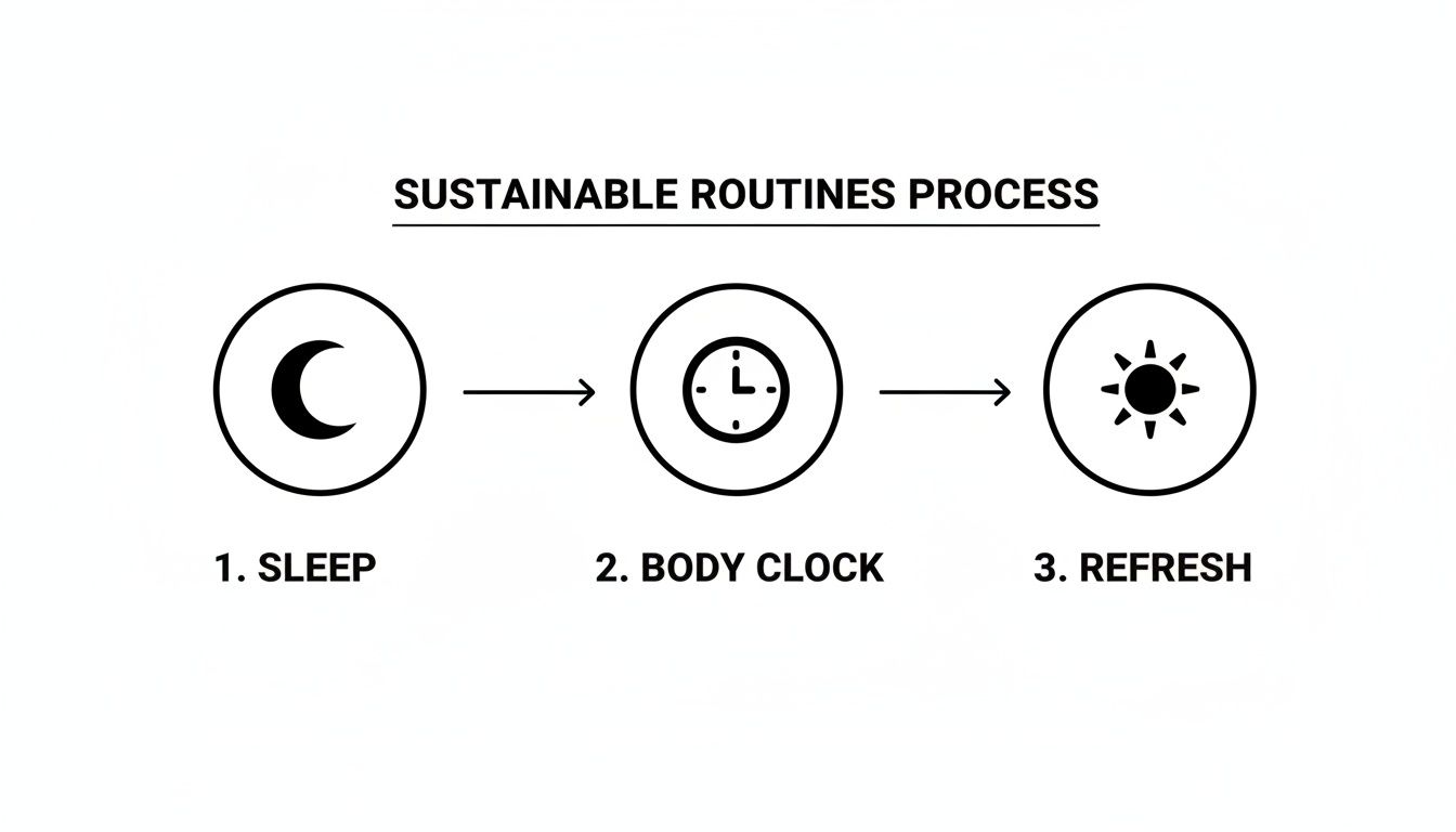 Diagram illustrating a sustainable routines process with three steps: sleep, body clock, and refresh.