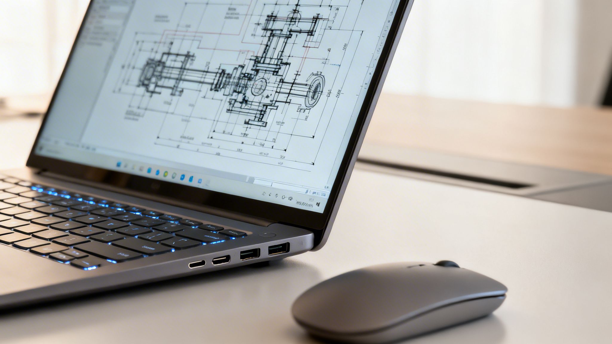 A laptop displaying an engineering drawing, with a backlit keyboard and a mouse on a desk.