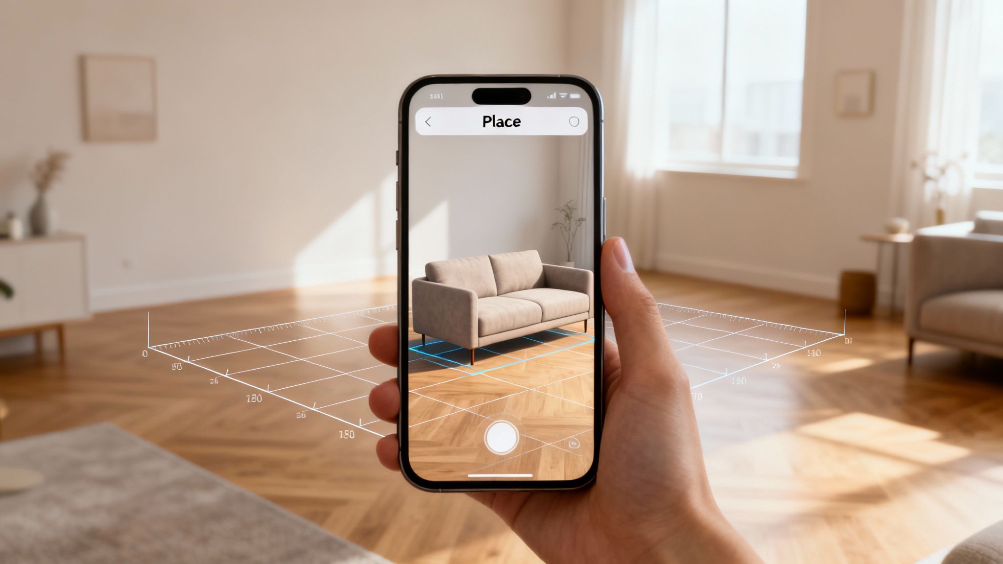 A hand holds a smartphone displaying an augmented reality app, virtually placing a sofa in a living room.