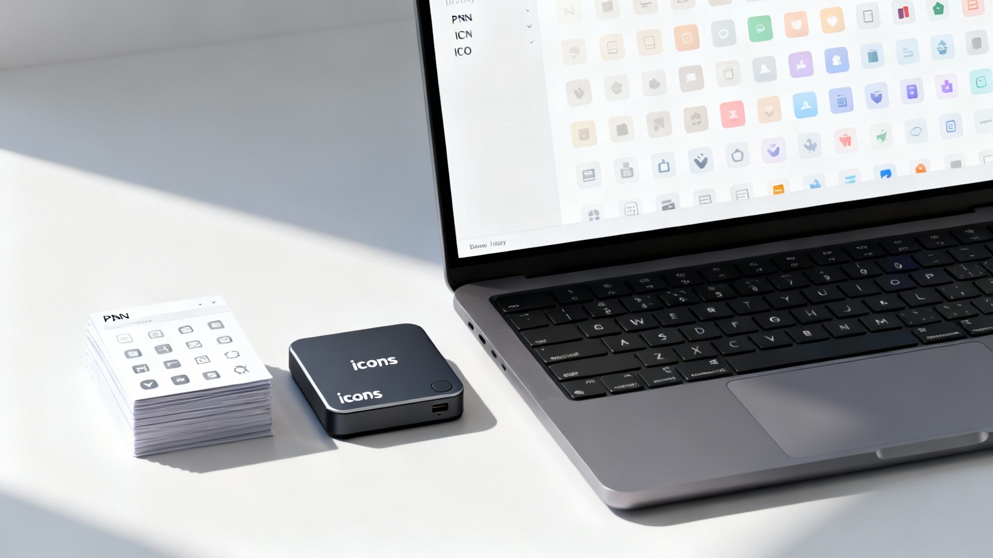 A laptop displaying a grid of colorful icons next to a stack of icon cards and an 'icons' device.