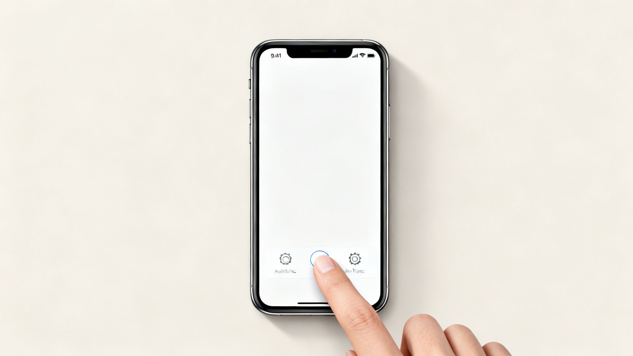 A person's hand tapping the center button on an iPhone with a blank white screen.