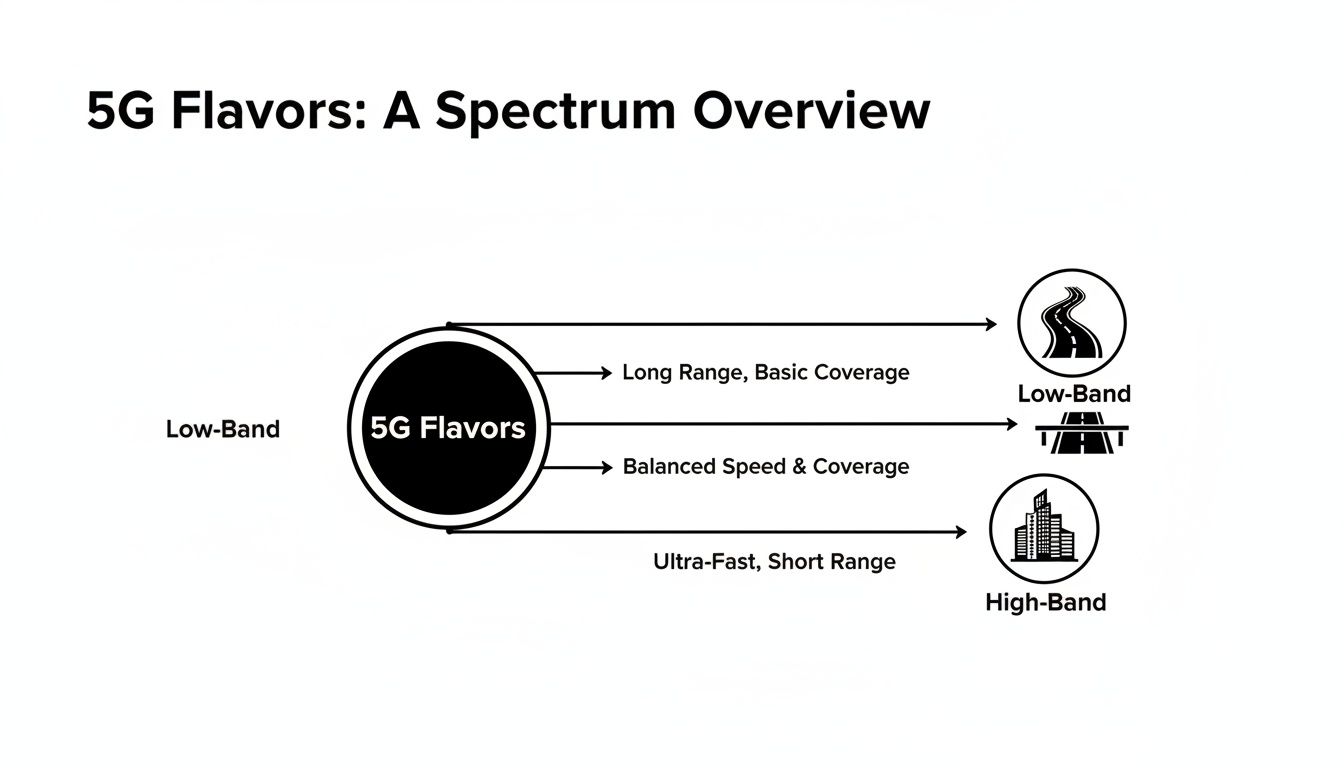 A diagram explaining 5G spectrum overview with characteristics of Low-Band (long range) and High-Band (ultra-fast).