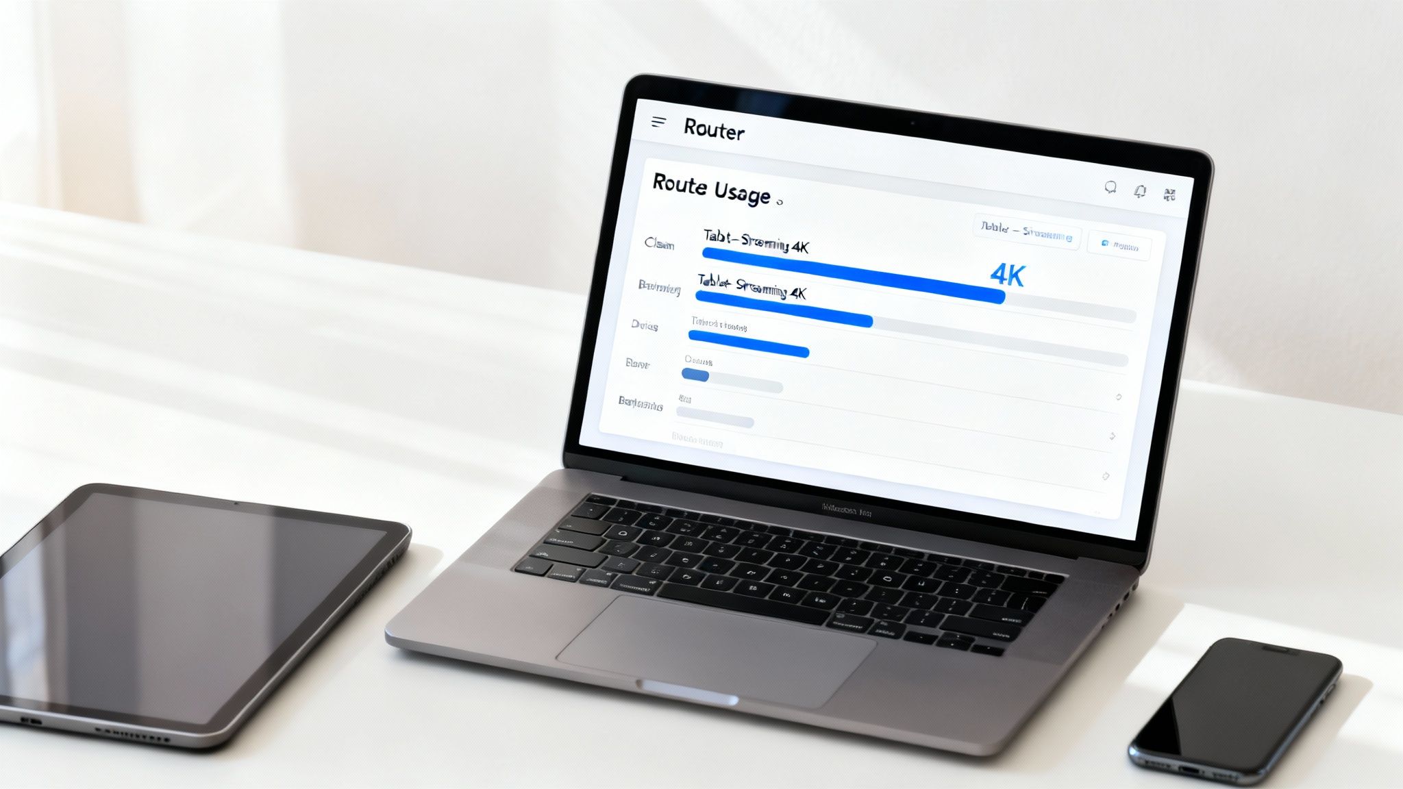 Laptop showing a router usage dashboard with streaming data, next to a tablet and smartphone.