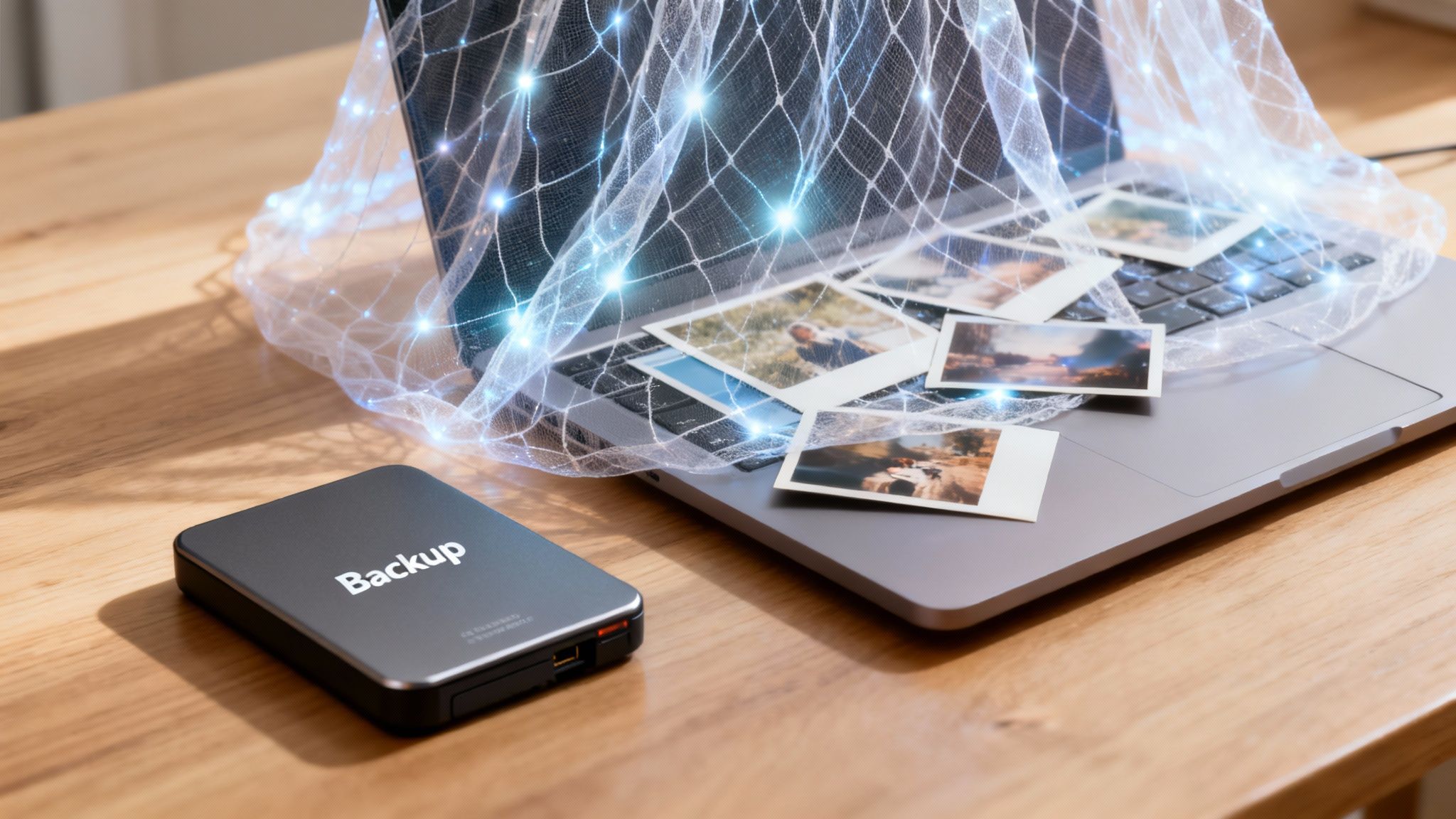 An external hard drive labeled 'Backup' sits next to a laptop with photos and a glowing network overlay.