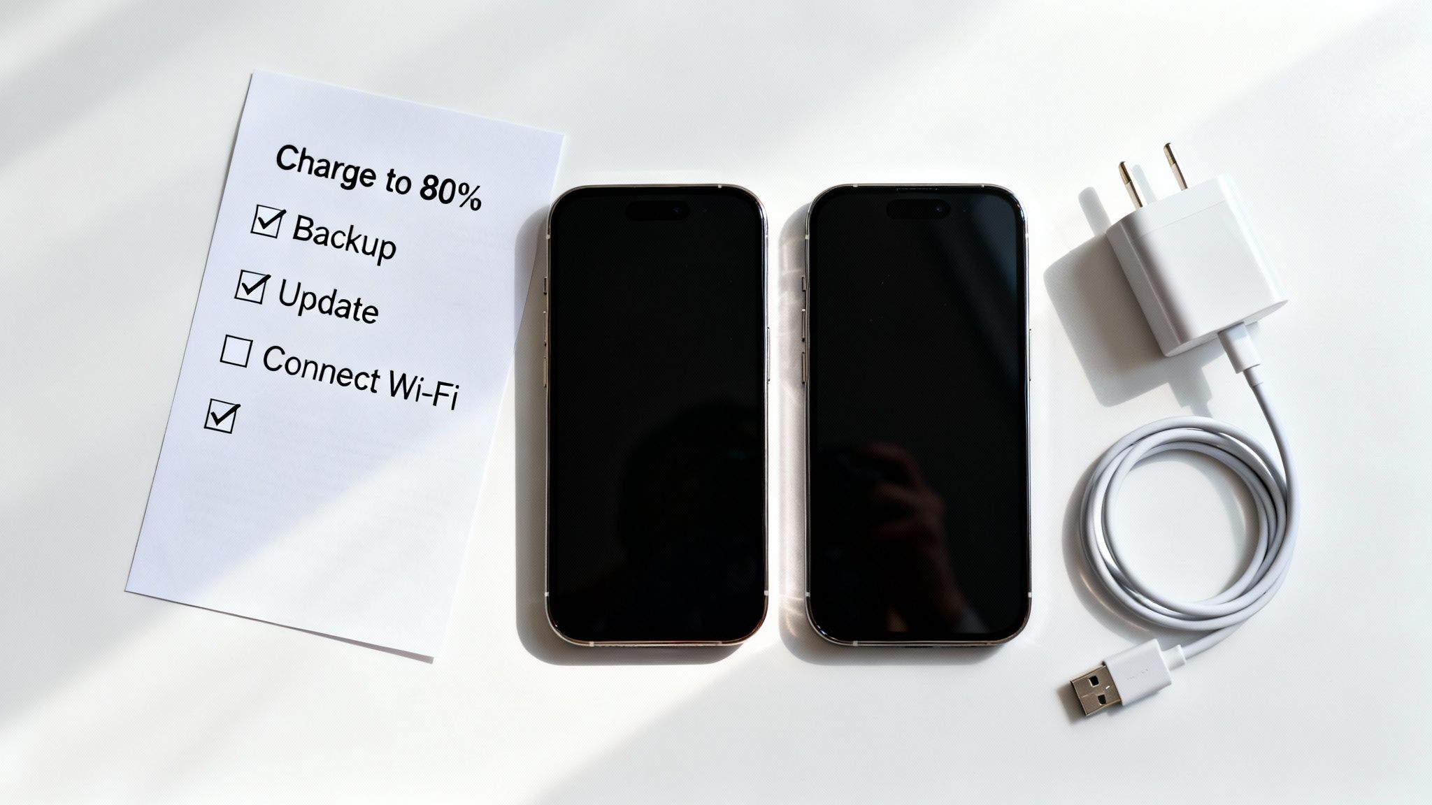 Flat lay of two new smartphones, a checklist for data transfer, and a charging cable.