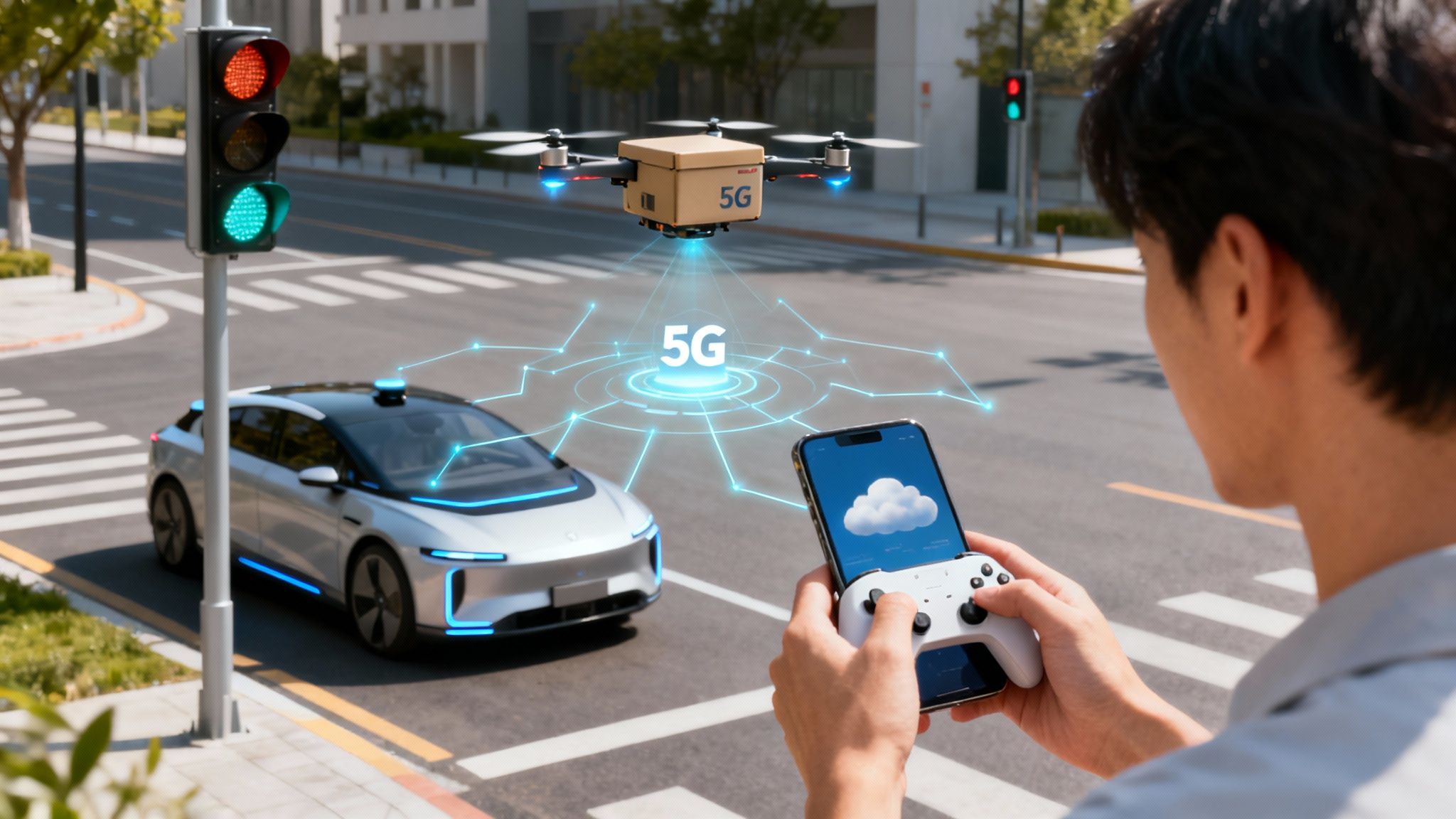 Man controls drone delivery and autonomous car with a smartphone using 5G technology in a city.