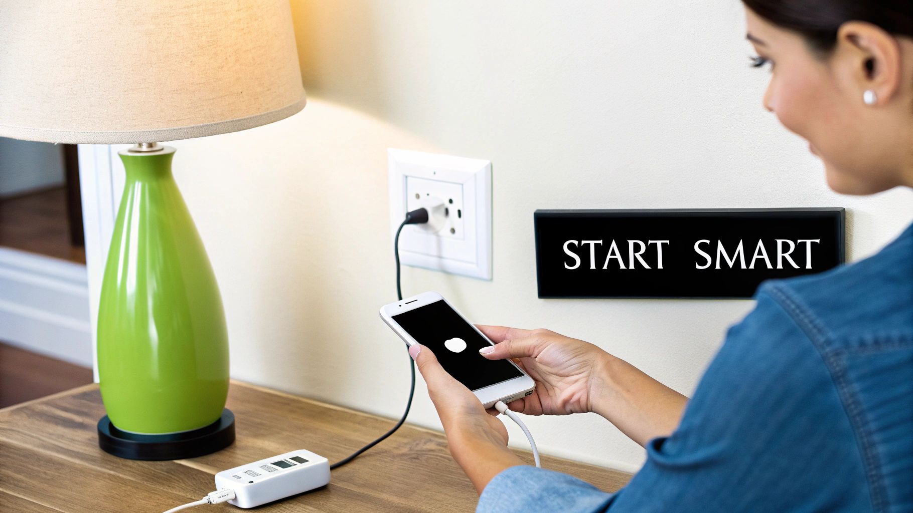 Woman setting up a smart power strip for a lamp with a smartphone and a 'START SMART' sign.