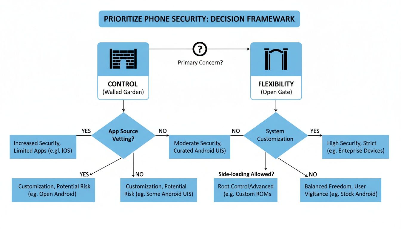 Decision framework for prioritizing phone security, contrasting control (iOS) and flexibility (Android) options.