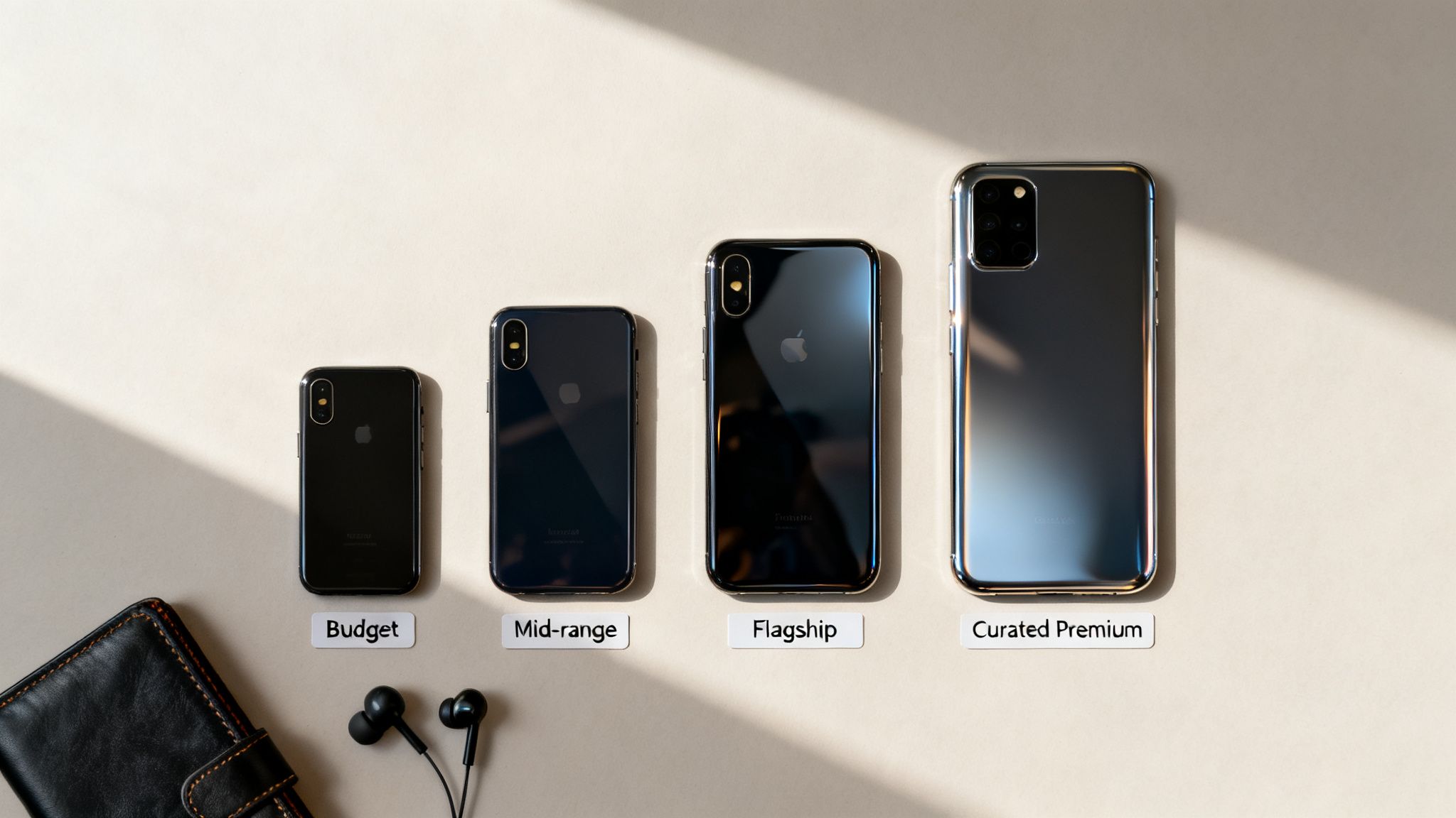 Four smartphones of varying sizes and tiers, including Budget, Mid-range, Flagship, and Curated Premium, with a wallet and earbuds on a light surface.