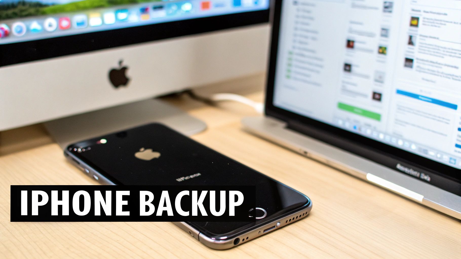 An iPhone lying on a wooden desk next to an iMac and MacBook, with 'IPHONE BACKUP' text.