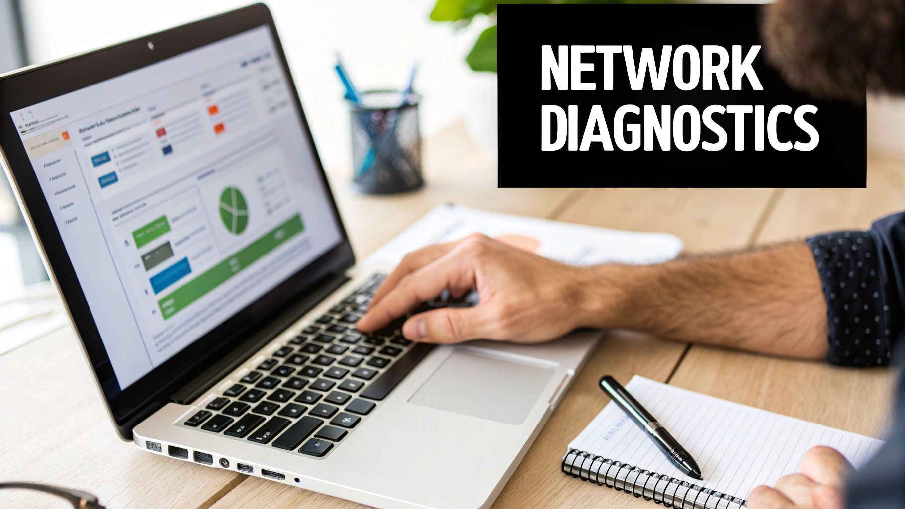 Person typing on a laptop screen showing network diagnostics, charts, and data on a wooden desk.