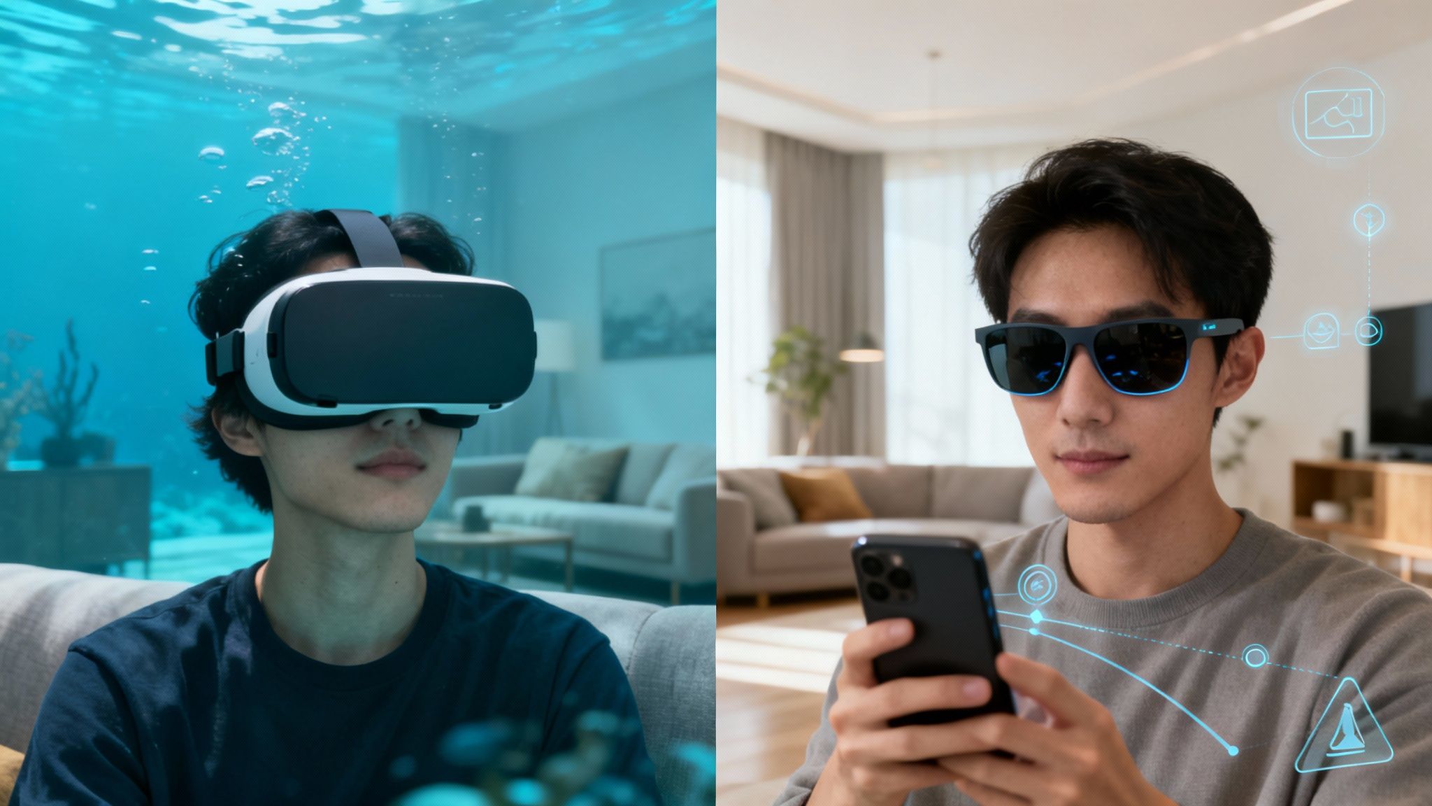 A person uses a VR headset to experience an underwater scene, while another wears AR glasses interacting with a phone.