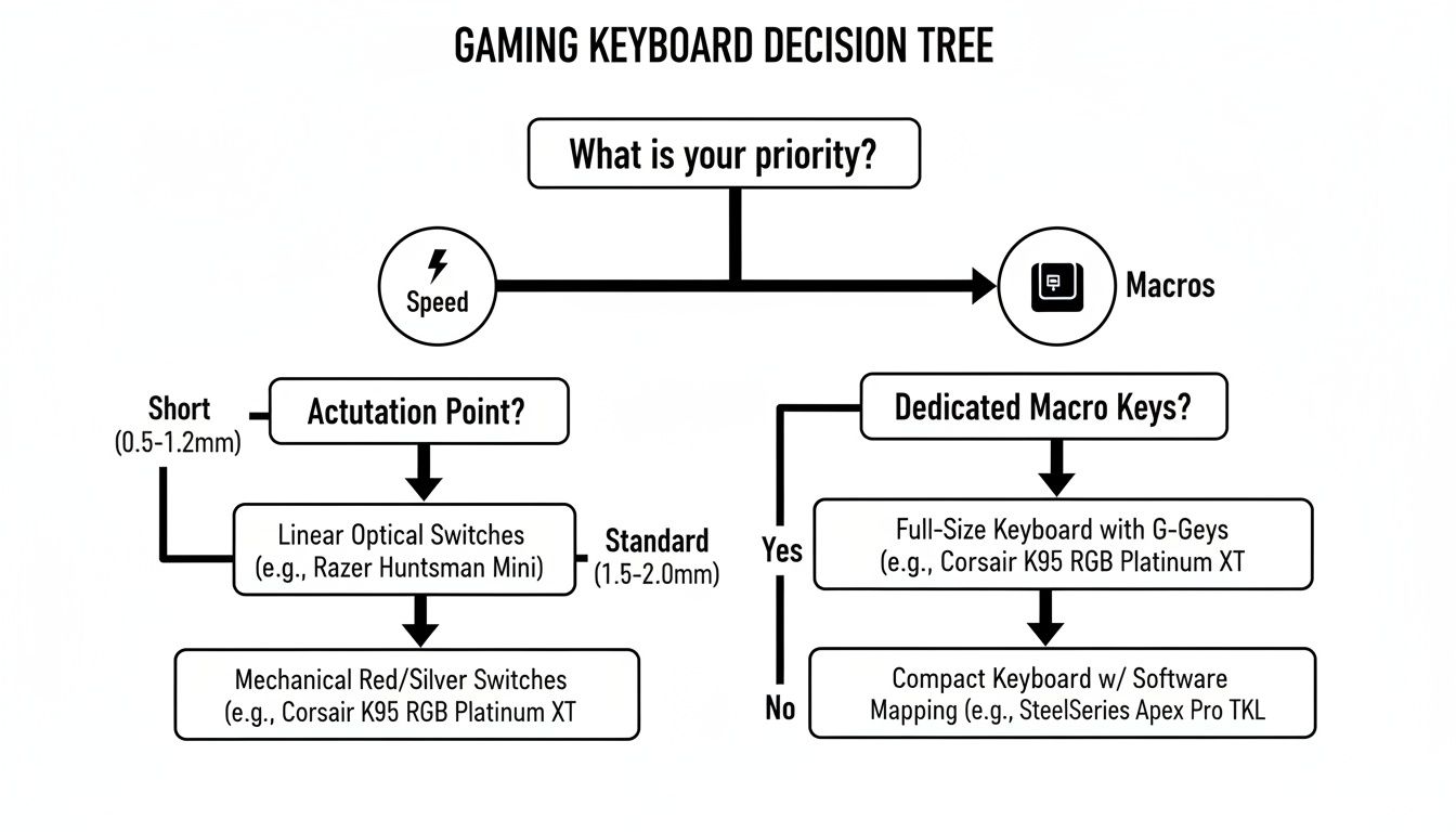 Gaming keyboard decision tree guiding selection based on speed (actuation point) or macros (dedicated keys).