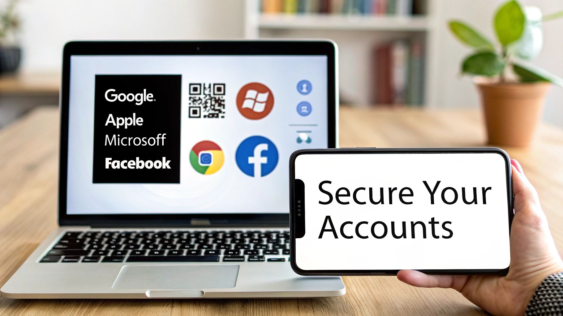 A laptop displays logos for tech giants and a QR code, with a phone showing 'Secure Your Accounts'.