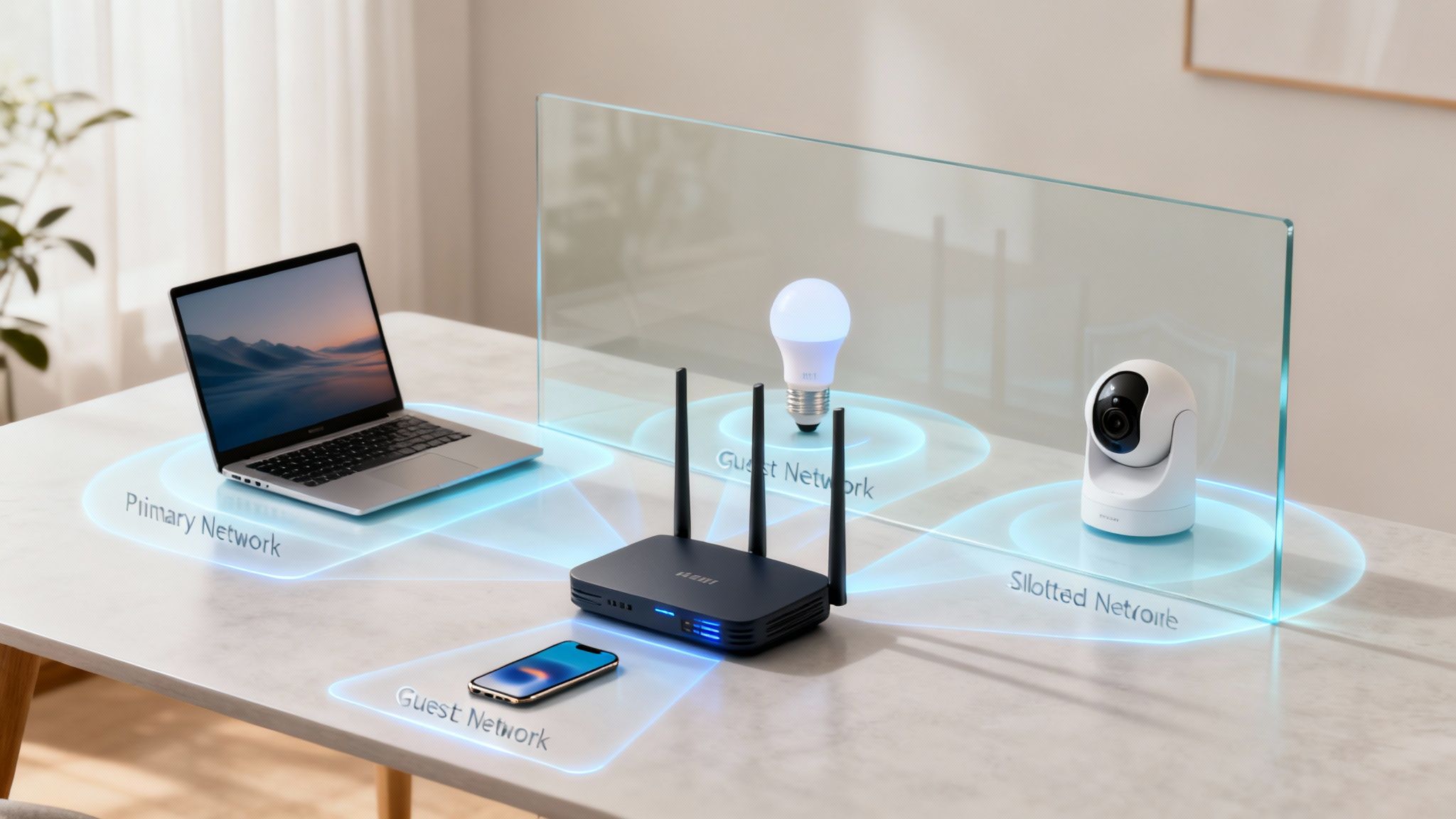 A Wi-Fi router connecting a laptop, phone, smart bulb, and security camera to separate networks.
