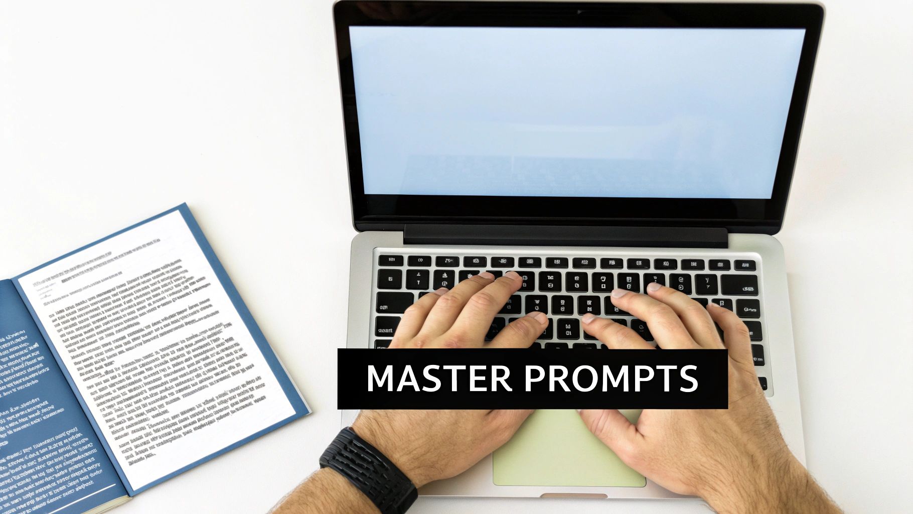 Hands typing on a laptop with 'MASTER PROMPTS' text, next to an open book, overhead view.