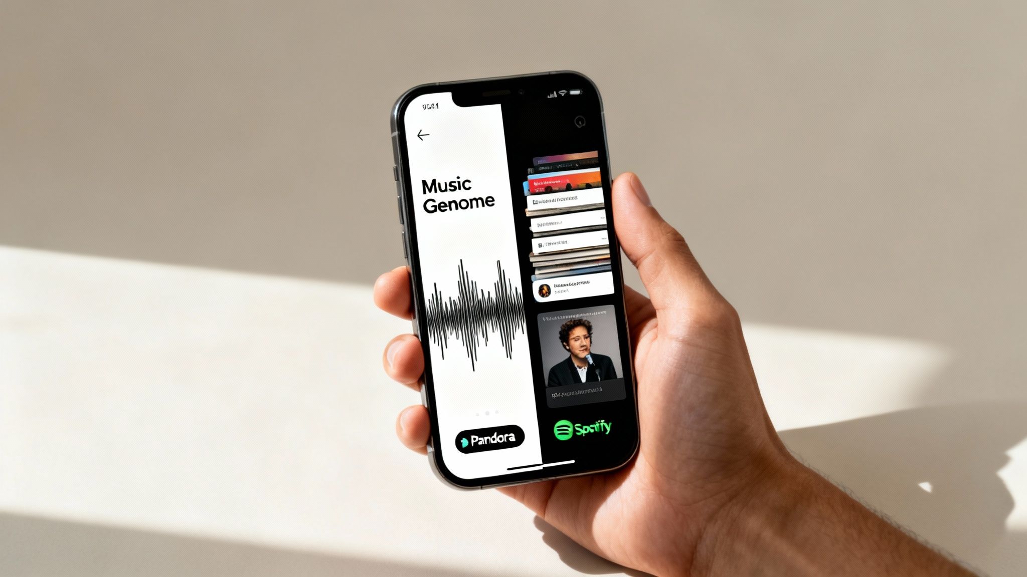 A hand holds a smartphone displaying a split screen comparison of Pandora and Spotify music apps.
