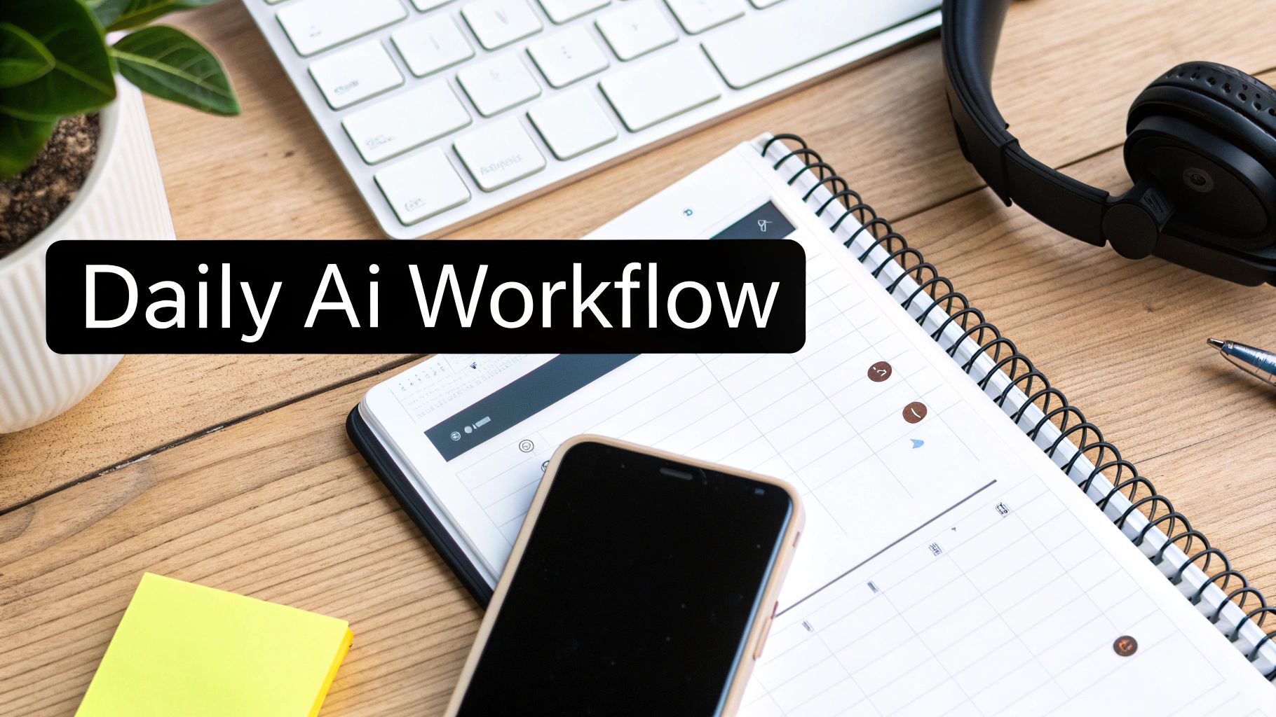 A flat lay of a desk setup with a keyboard, notebook, smartphone, headphones, and plant, featuring the text 'Daily Ai Workflow'.