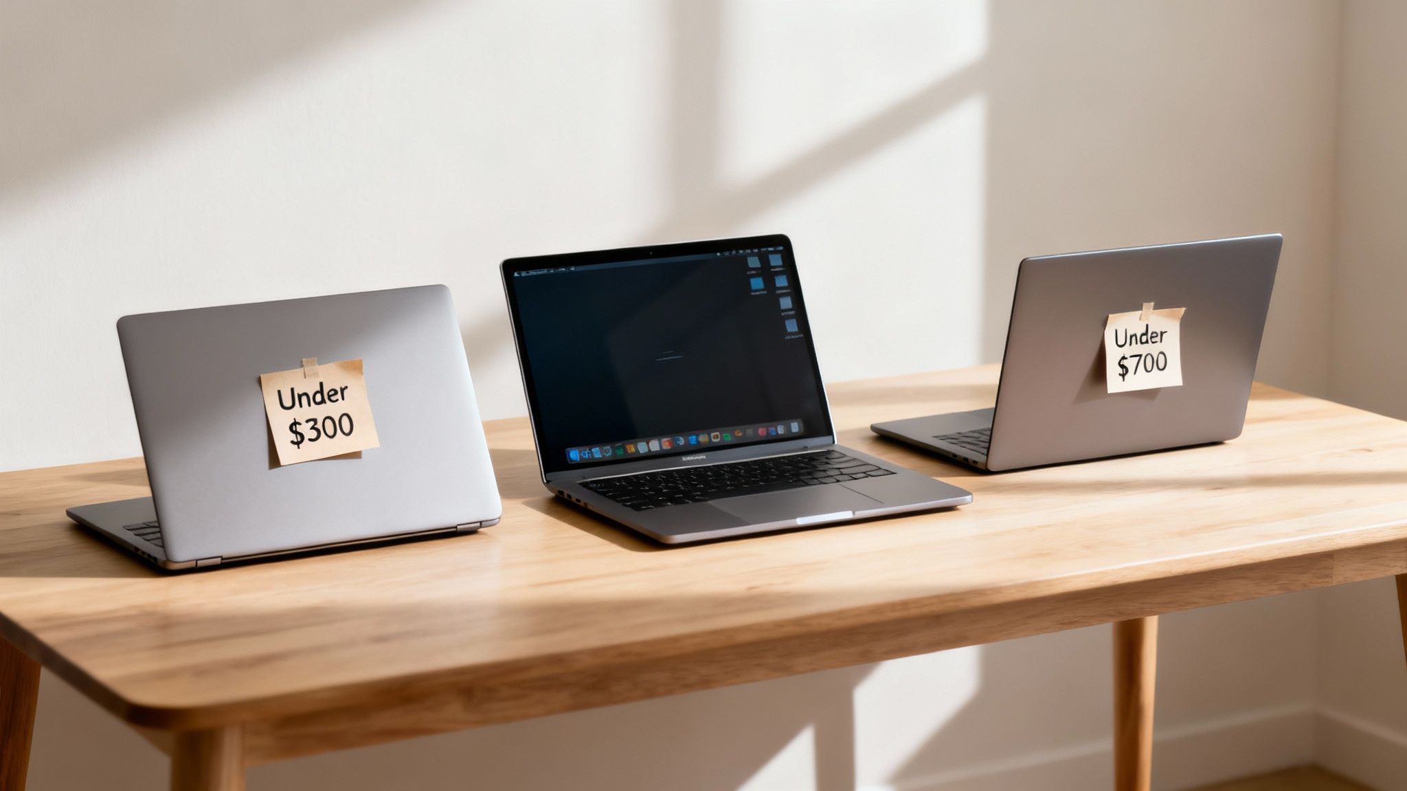 Three laptops on a wooden desk, two with sticky notes indicating prices under $300 and $700.