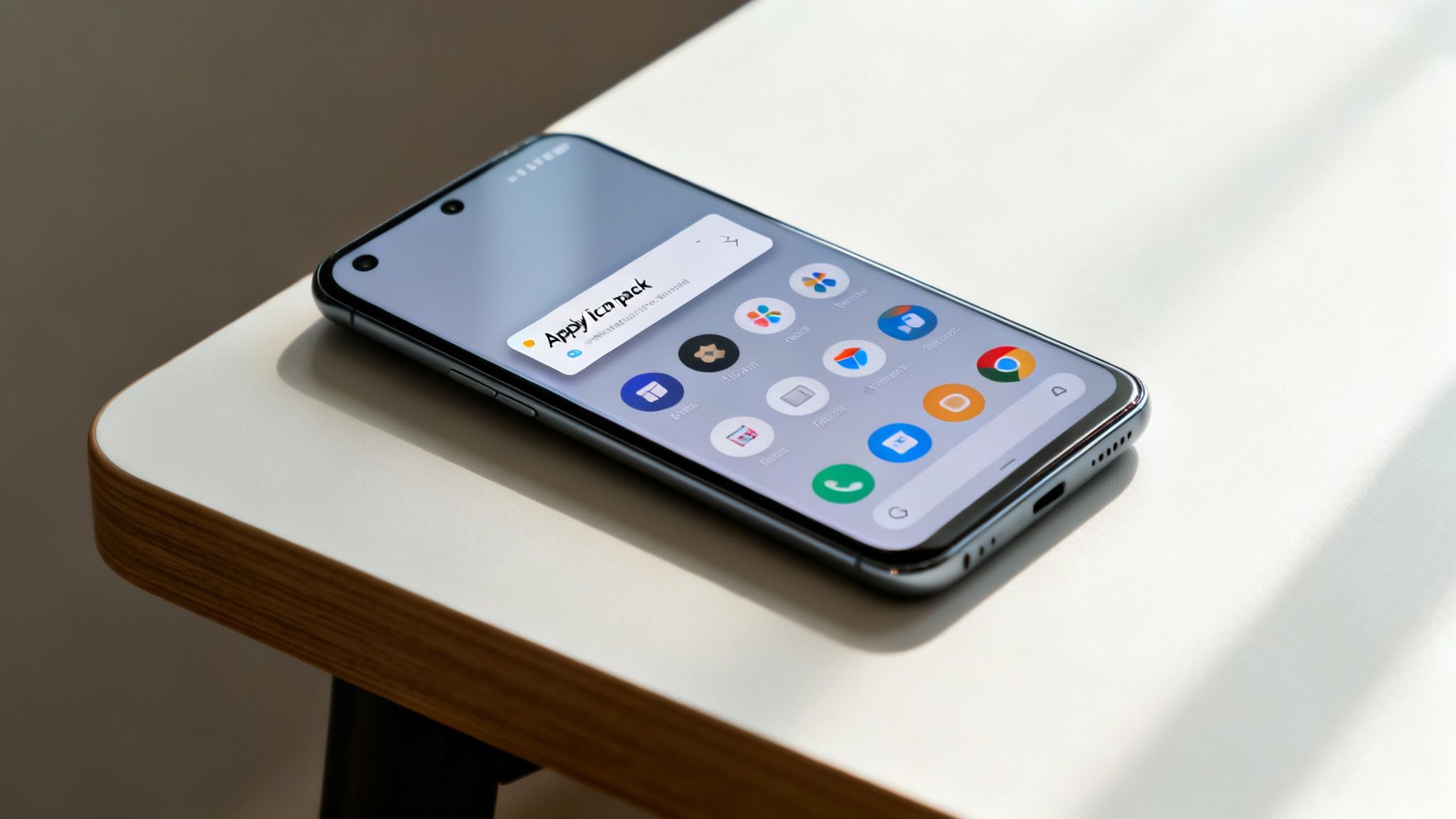 A modern smartphone displaying various app icons and an 'Apply icon pack' notification on a minimalist table.