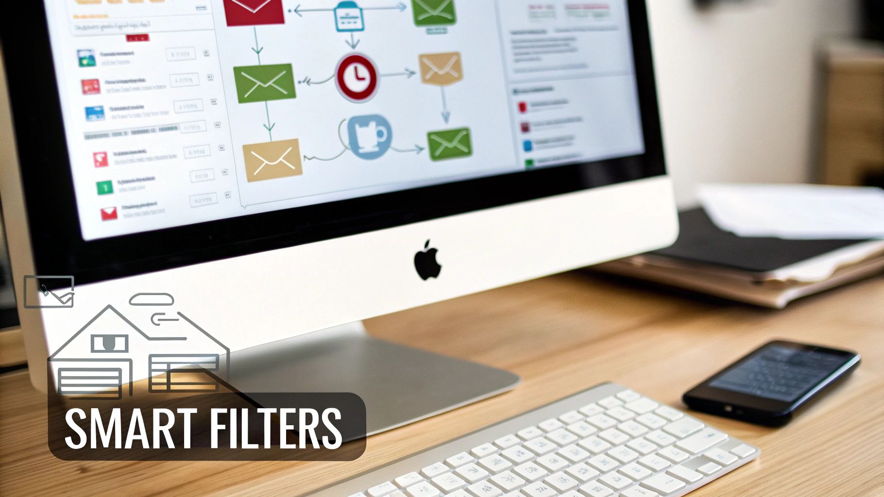 A computer screen displays an email workflow diagram with Smart Filters text and a house icon overlay.