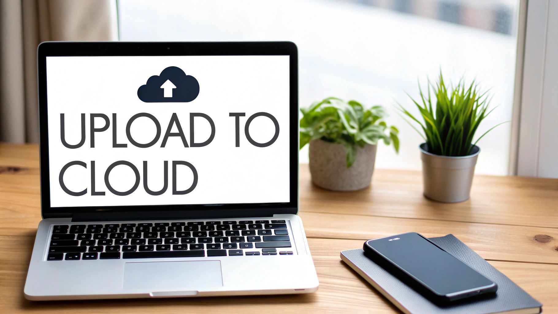 A laptop screen displays "UPLOAD TO CLOUD" with a cloud icon, symbolizing online data storage.