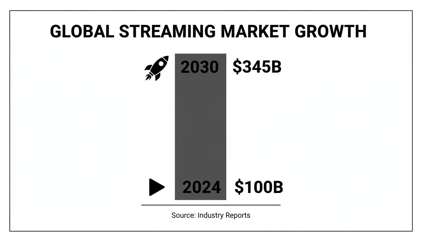 Bar chart illustrating global streaming market growth from $100B in 2024 to $345B in 2030.