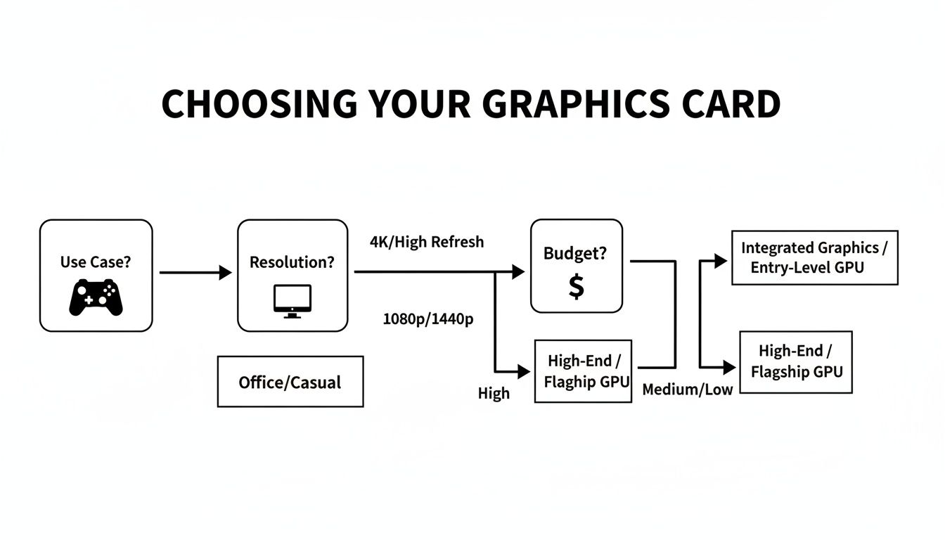 Flowchart guiding the selection of a graphics card based on use case, resolution, and budget decisions.