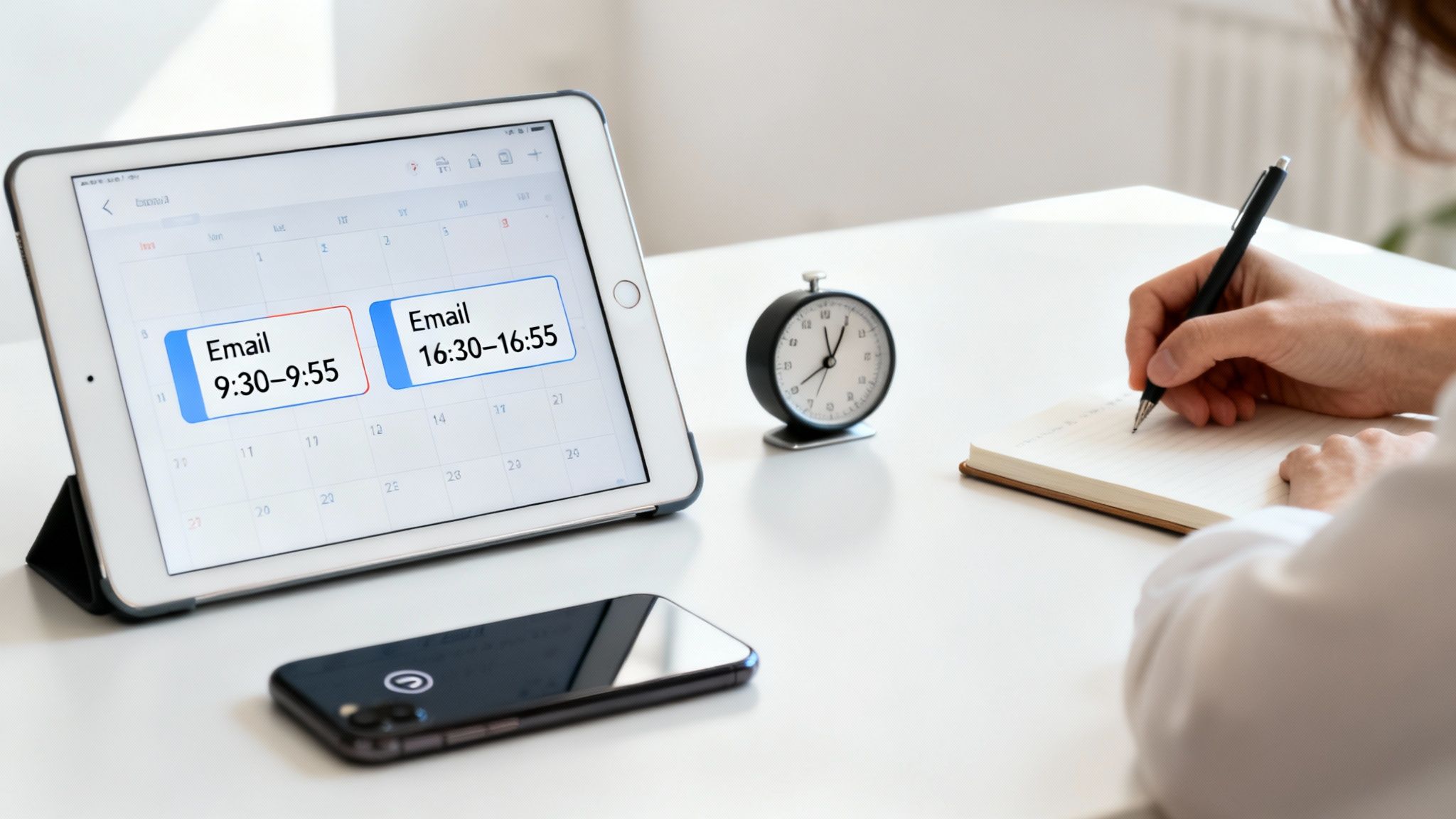 A person writing notes next to a tablet displaying email schedule blocks, a smartphone, and an alarm clock.