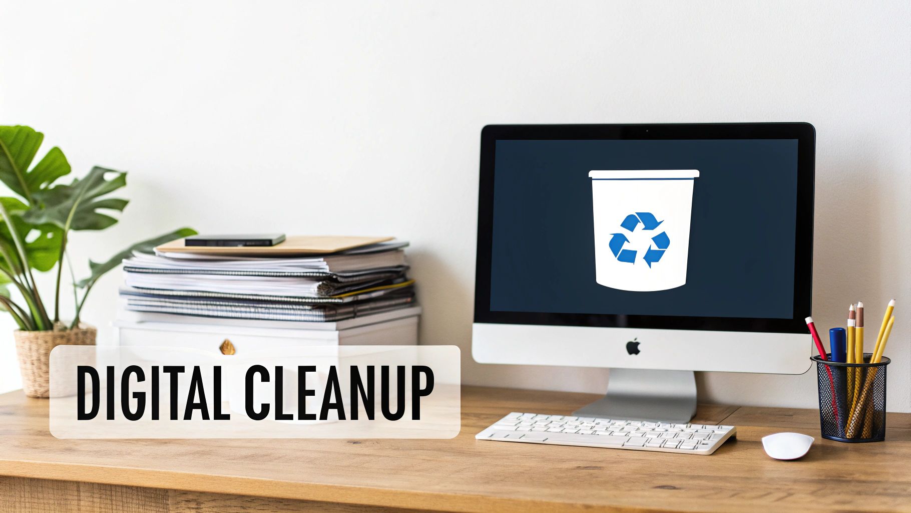 A workspace with a computer displaying a recycle bin, a plant, stacked papers, and a 'Digital Cleanup' sign.