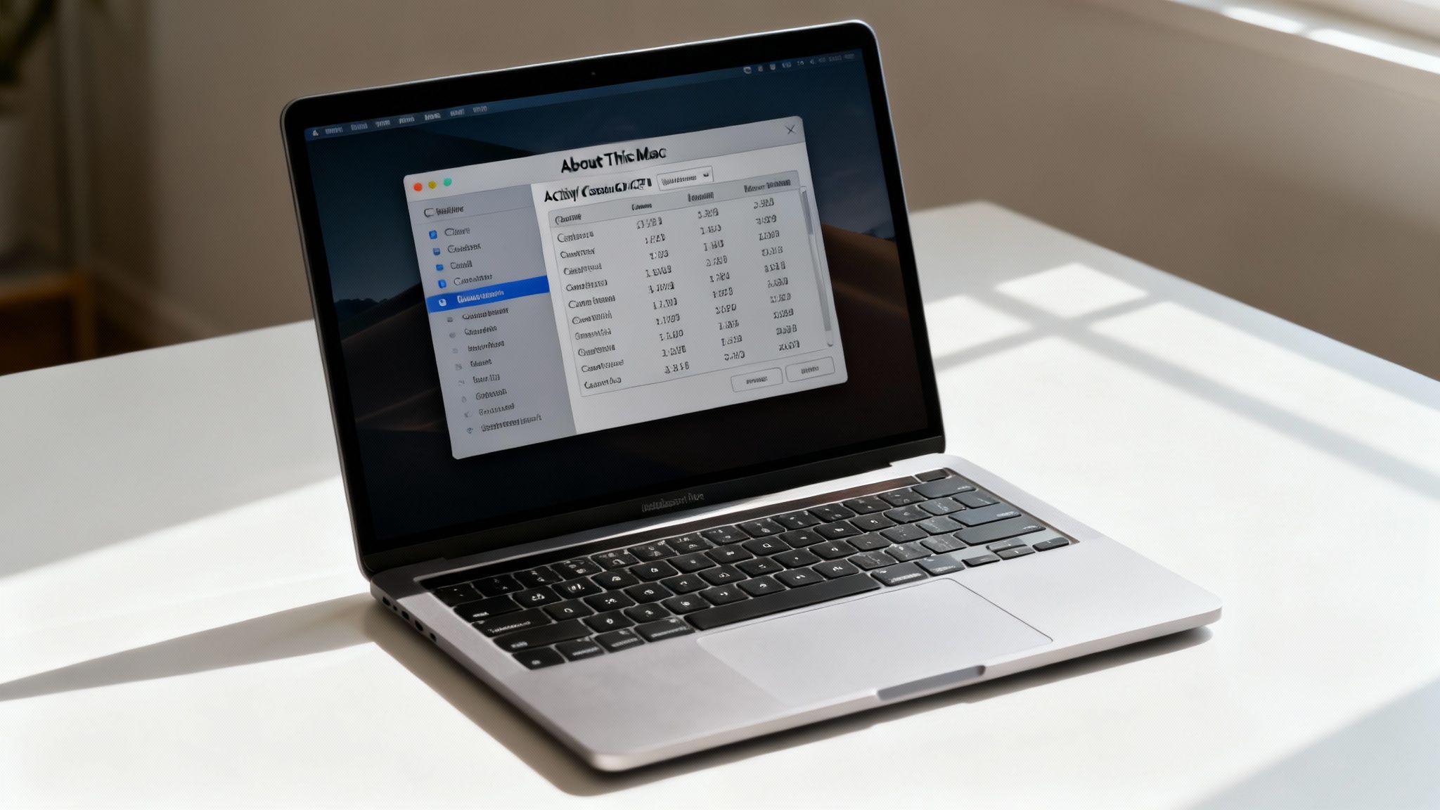 A MacBook Pro laptop on a desk displays its 'About This Mac' window, showing system specifications and components.