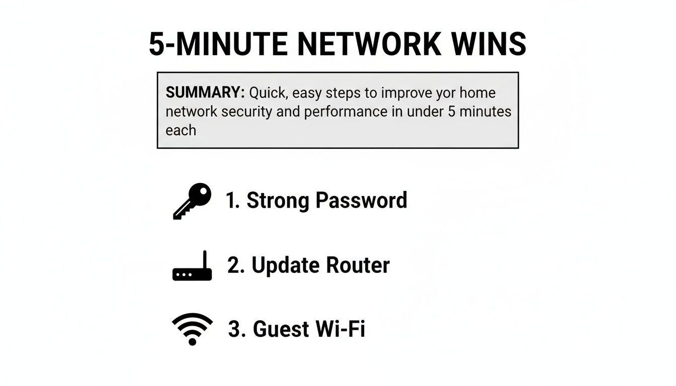 Infographic listing three quick steps for better home network security: strong password, update router, guest Wi-Fi.
