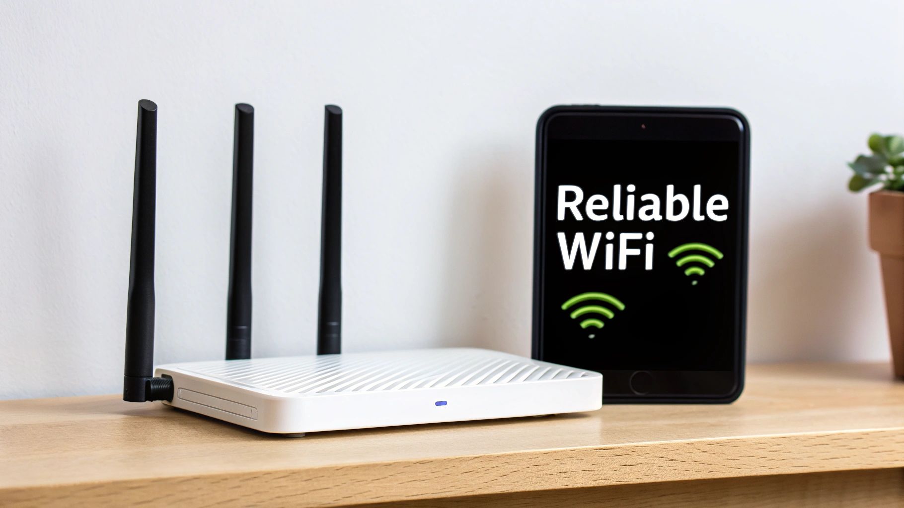 A white Wi-Fi router with antennas next to a smartphone showing 'Reliable WiFi' on a wooden table.