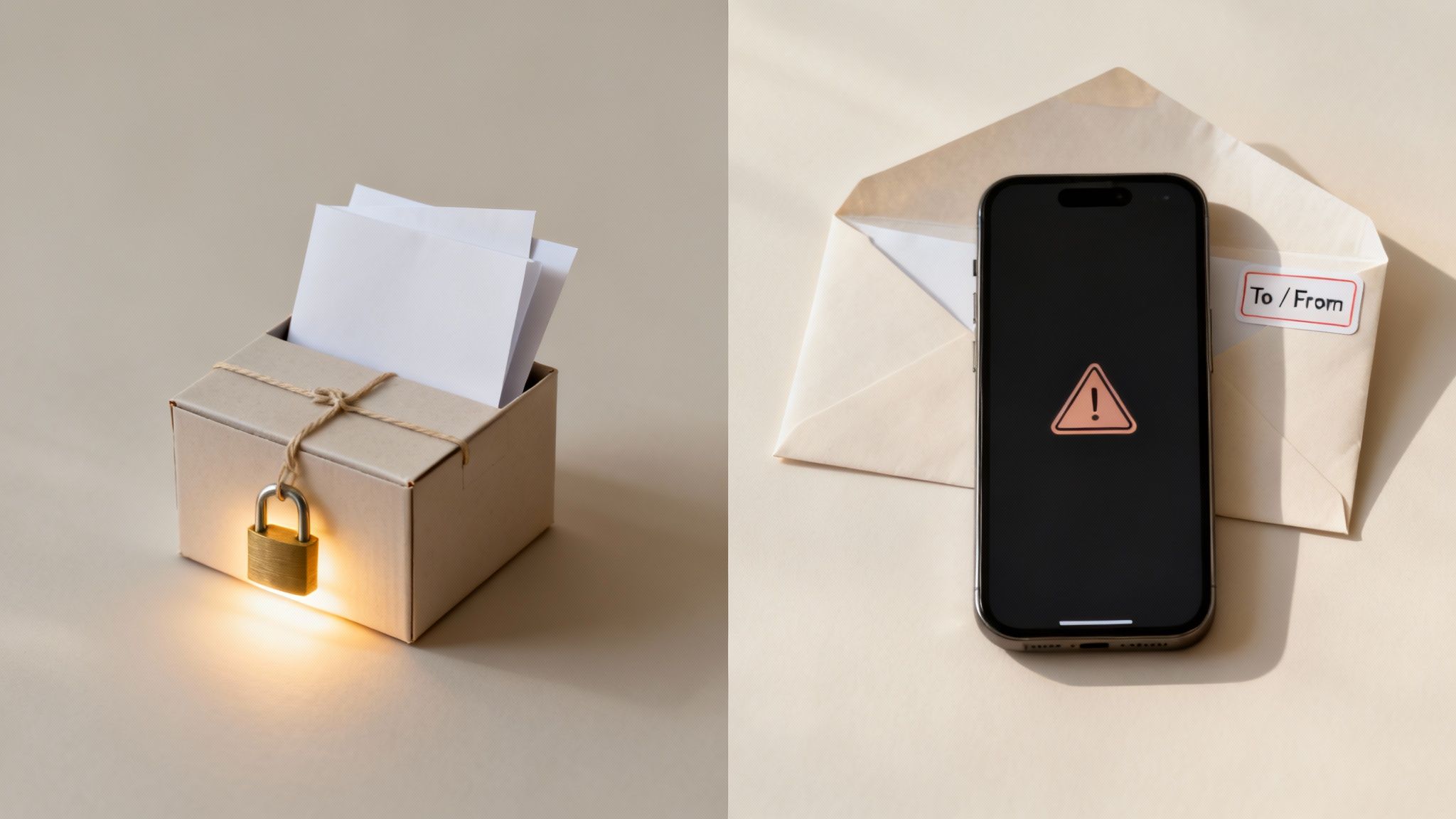 A glowing padlock on a secured box of papers, beside a smartphone with a warning icon and an open envelope.